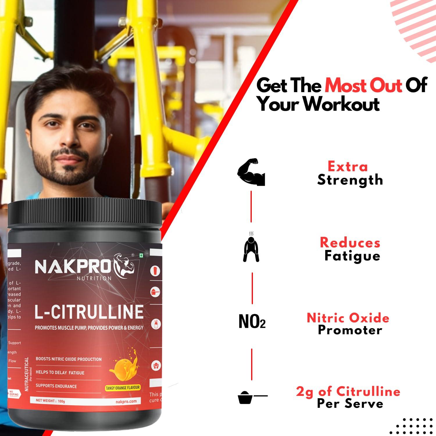 NAKPRO NAKPRO Pure L-Citrulline Powder- Jar, Boosts Nitric oxide & Muscle growth for men & women (Tangy Orange, 100g)