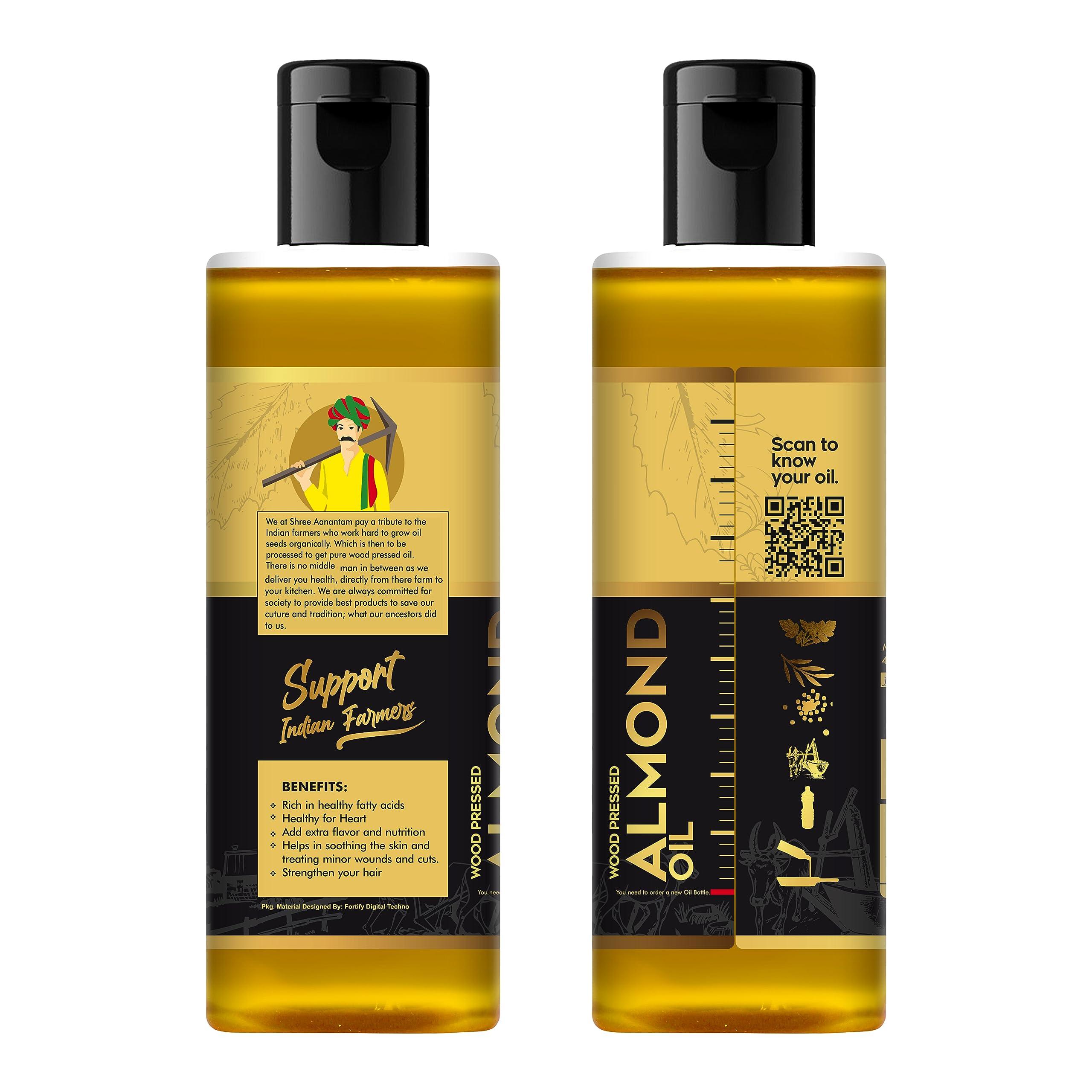 Shree Aanantam Shree Aanantam Cold Pressed Sweet Almond Oil - 100ml x 2 | Badam Tail | Rich in Vitamin E | For Healthy Skin, Hair and Body | Virgin & Cold Pressed - 100ml (Pack of 2)