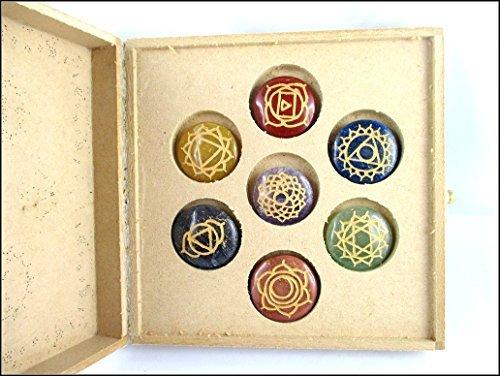 Jet International Crystal Energy Stones Jet Chakra Box With Round Reiki Engraved Gemstone A++ Sets Healing Crystal Therapy w/Pouch Palm Worry Thumb Stone Gift Easter Christmas Xmas Love Internal Strength
