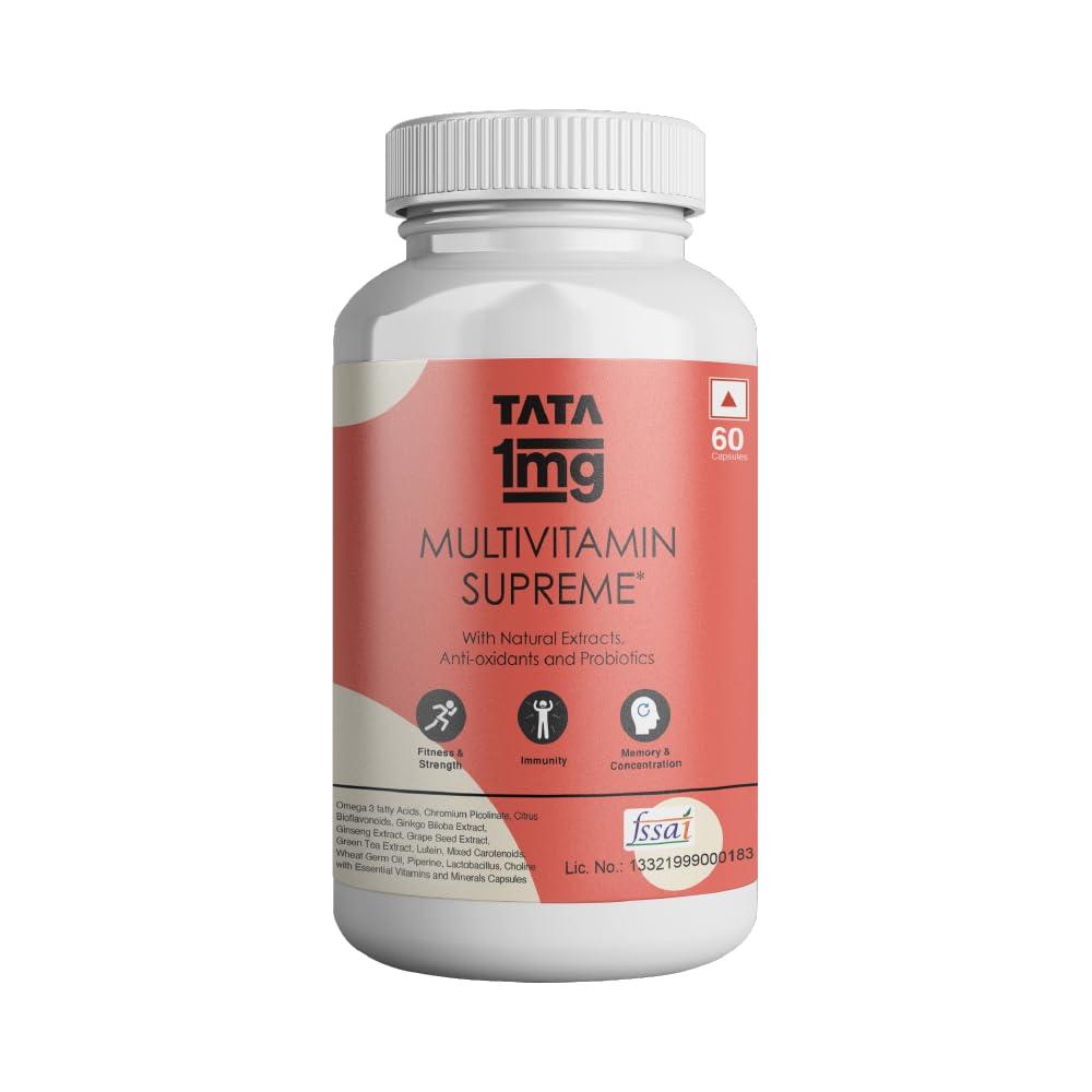 TATA 1MG TATA 1MG Multivitamin Supreme With Zinc, Calcium, Vitamin D, Antioxidants & Probiotics For Fitness, Strength, Immunity, Memory & Concentration, Energy Booster Capsule For Men & Women (Pack Of 60)