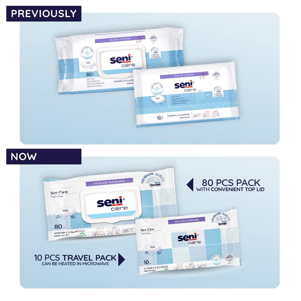 Seni Seni Care wet wipes for Adults | for sensitive skin |with vitamin E and allantoin| nourishes skin | vegan | balanced PH | delicate |dermatologically tested | ready to use bath wipes | white | Size XXL | Pack of 4 | Total 320 Pcs