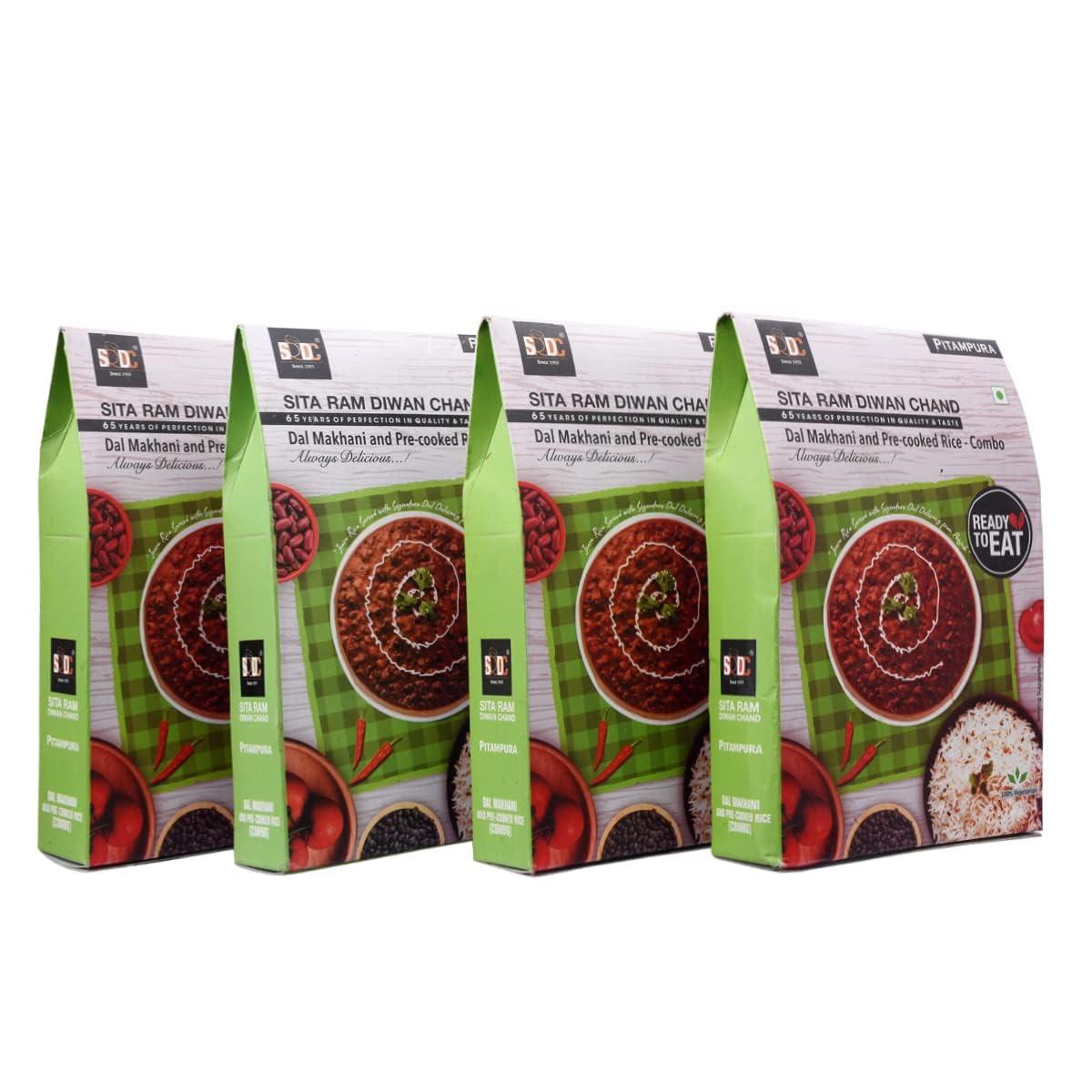 Sita Ram Diwan Chand Sita Ram Diwan Chand Ready to Eat Dal Makhani and Rice 300 Gram each | No Preservatives | No Artificial Flavors | 100% Natural Ingredients & Vegetarian | Tasty Snacks - Pack of 4