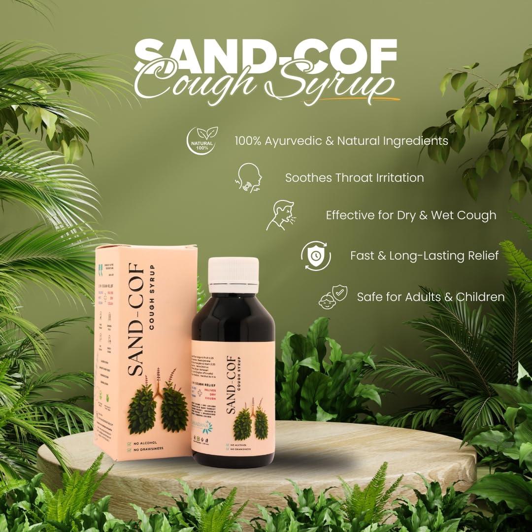 SAND COF Sand Cof Cough Syrup With Goodness of Chukku, Aymodakam, Thippali, Adalodakam, Kurumulaku & Tulsi, Ayurvedic Cough Reliever, (100ml - Pack of 2)