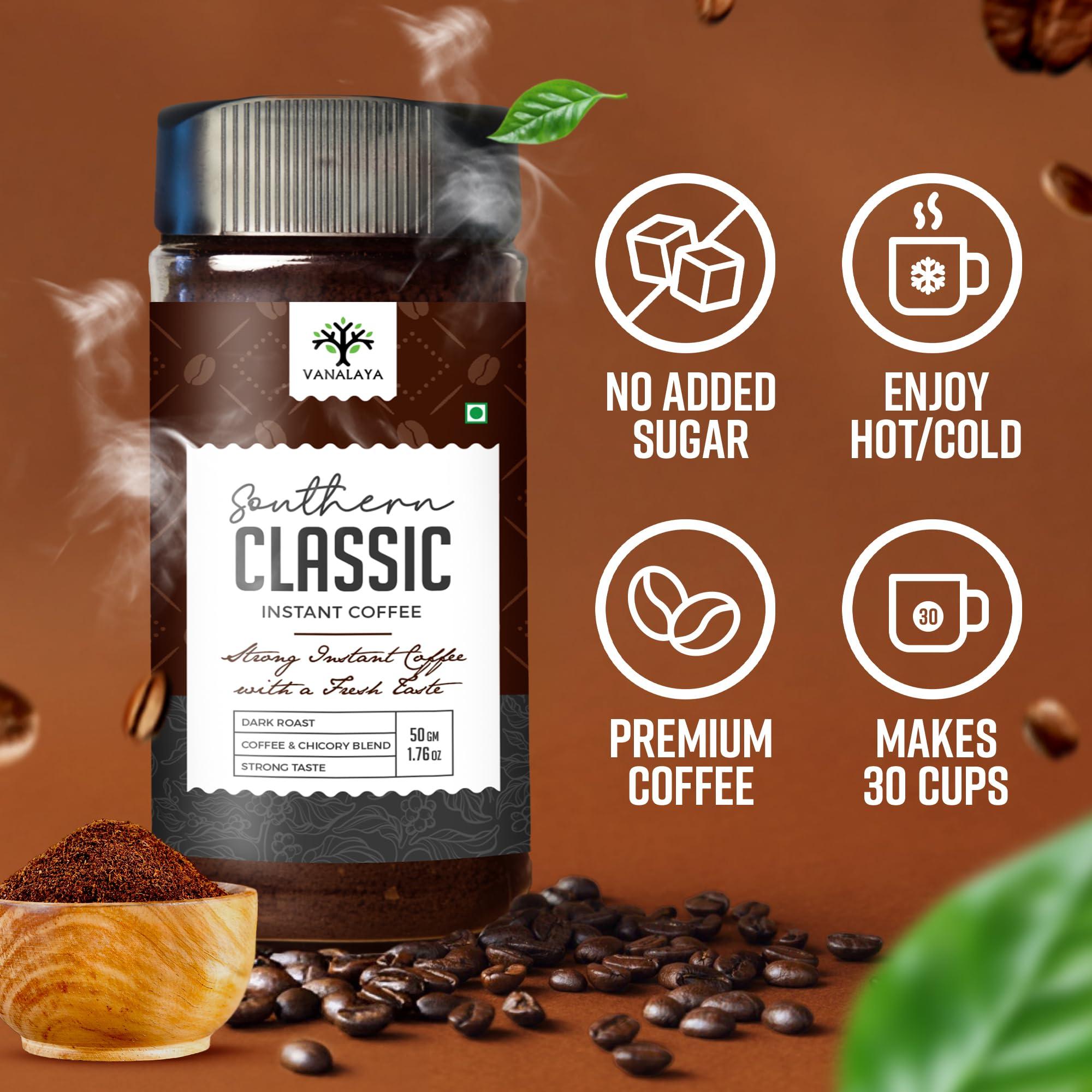 VANALAYA Vanalaya Southern Classic Instant Coffee Chicory Mix of 70% coffee & 30% chicory (50gm)