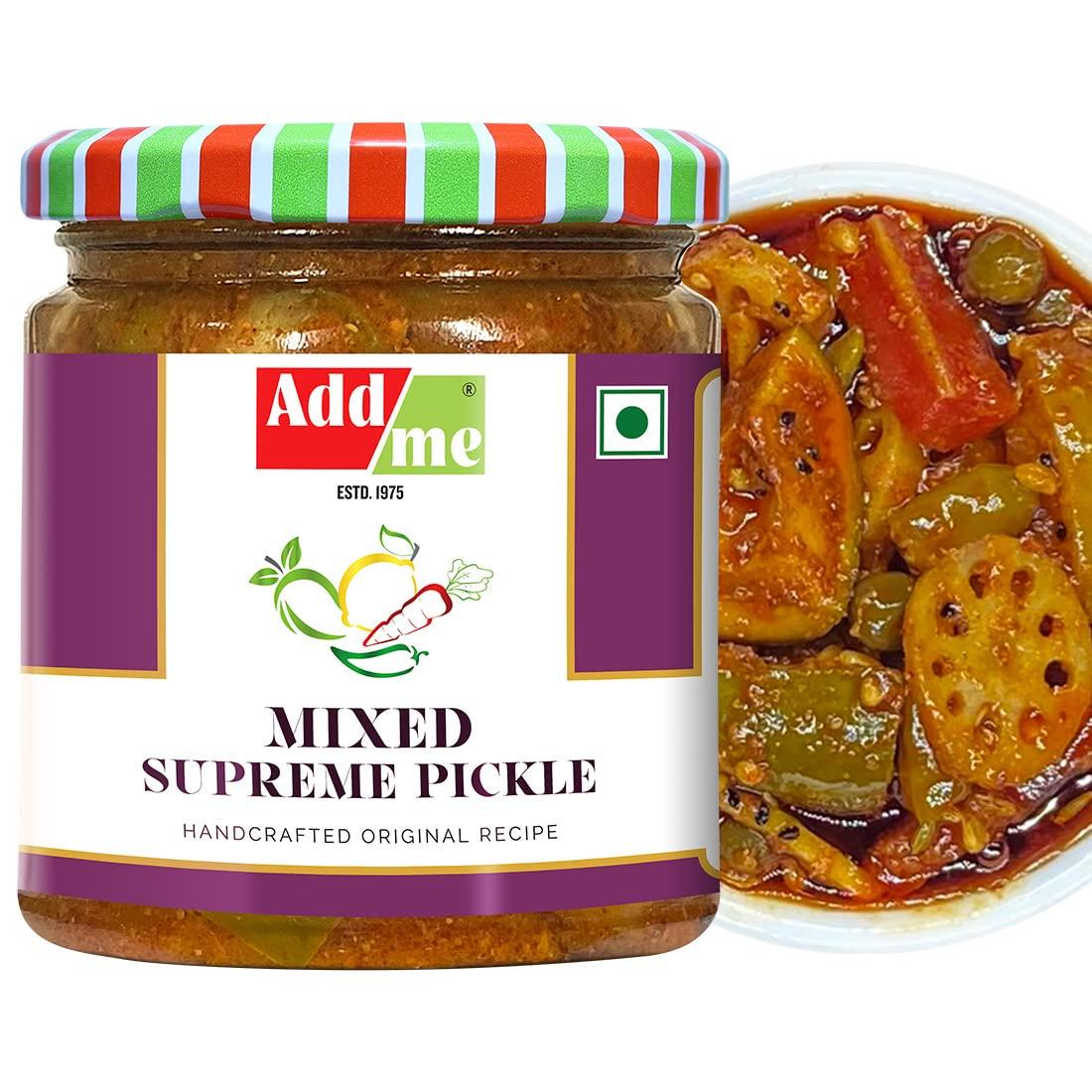 Add me Add me Homemade Rajasthani Mix Achar Mixed Supreme Mango Chilli Lemon Carrot ker Ginger karonda lasoda Fruit Pickle 200gm Glass Jar