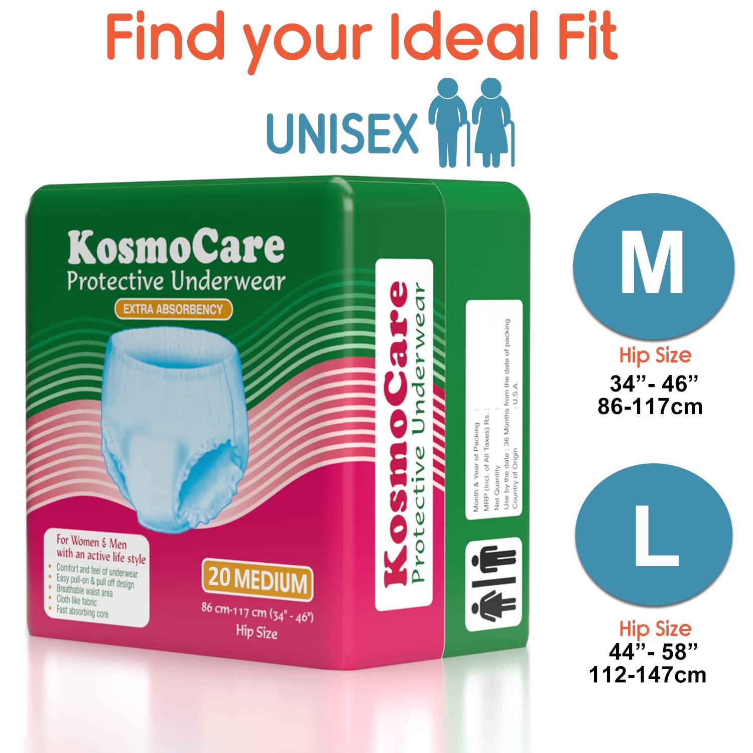 KosmoCare KosmoCare Protective Underwear |Pull Up Style| Pant Diaper for Incontinence with maximum absorbent I Odor Guard | Cloth Feel Outer Fabric| Breathable Zones - Medium | Waist Size 34\" - 46\" - Count 20p