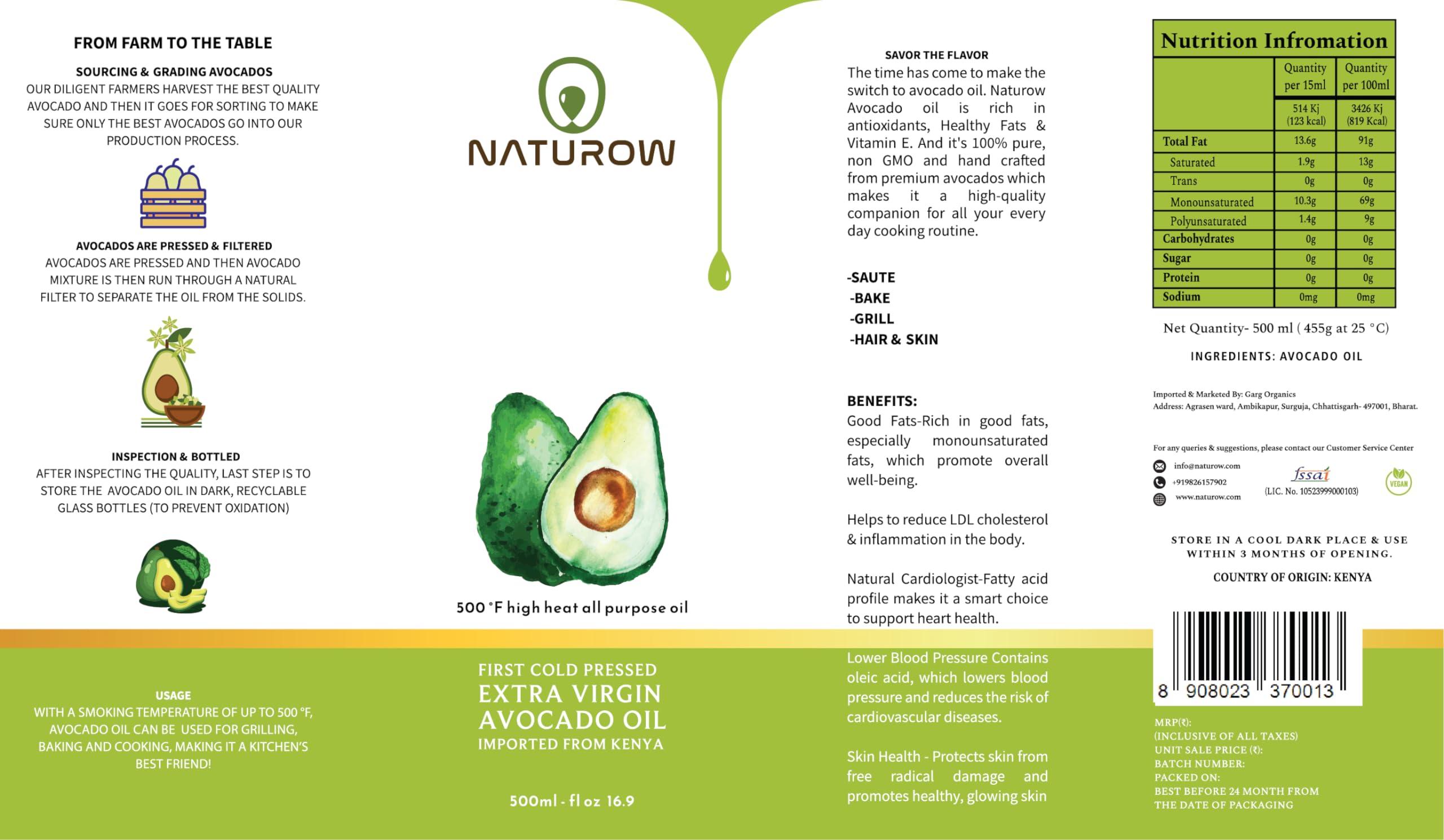 Naturow Naturow Extra Virgin Avocado Oil | Cold Pressed | 100% Natural | Keto and Paleo Diet Friendly | Homemade Sauces, Dressings and Marinades (500ml | 16.9fl oz)