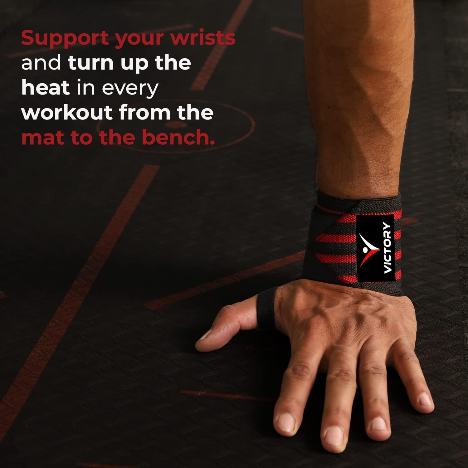 VICTORY VICTORY Professional Wrist Wrap Band, Wrist Strap for Gym and Fitness with Thumb Loop Straps Wrist Wrap Gym Accessories for Men Hand Grip & Wrist Support Sports Straps - Red, Cotton