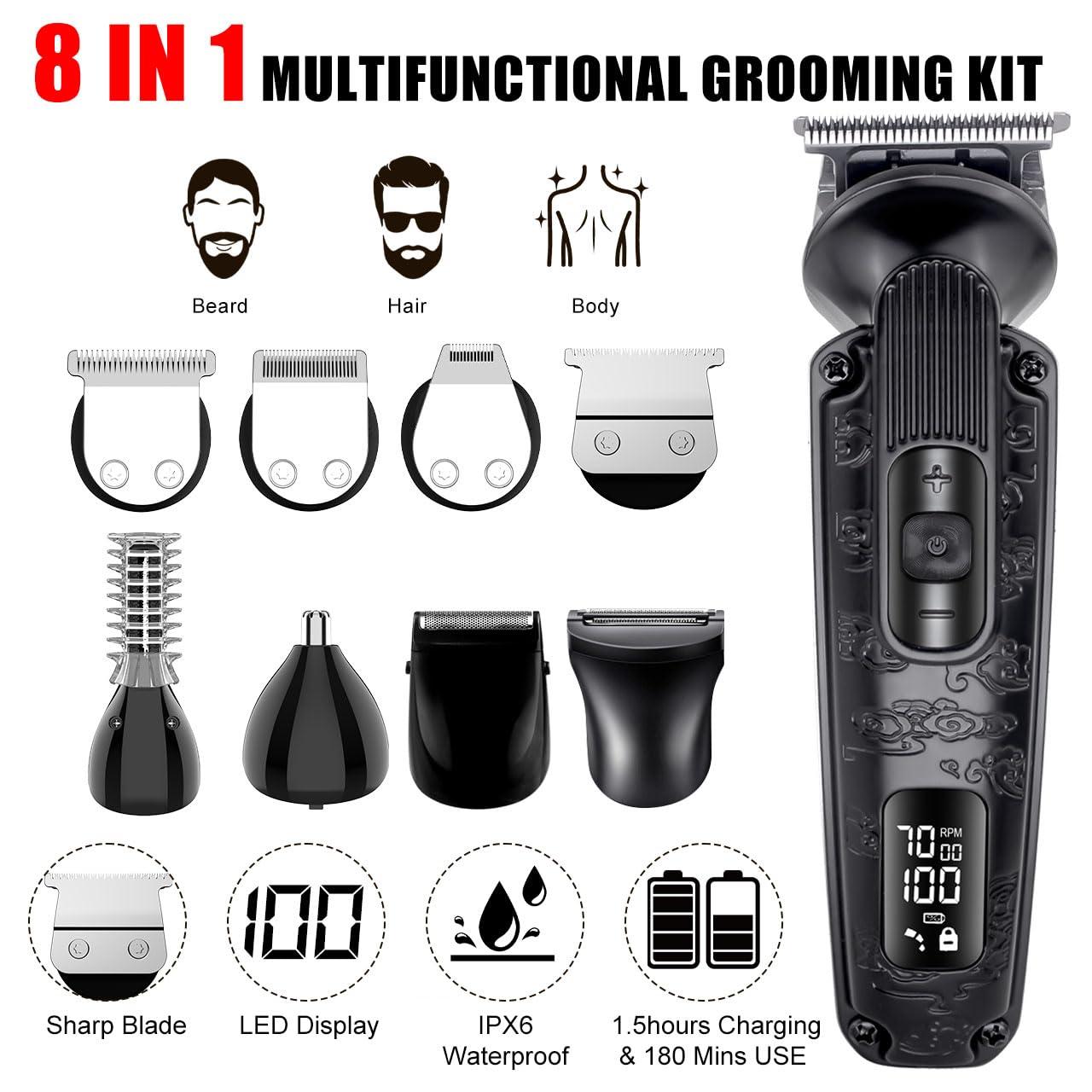 Hatteker Hatteker Beard Trimmer for Men Beard Grooming Kit Hair Clipper Electic Razor Shavers Cordless Waterproof Nose Body Mustache Trimmer 8 in 1 Adjustable Speed