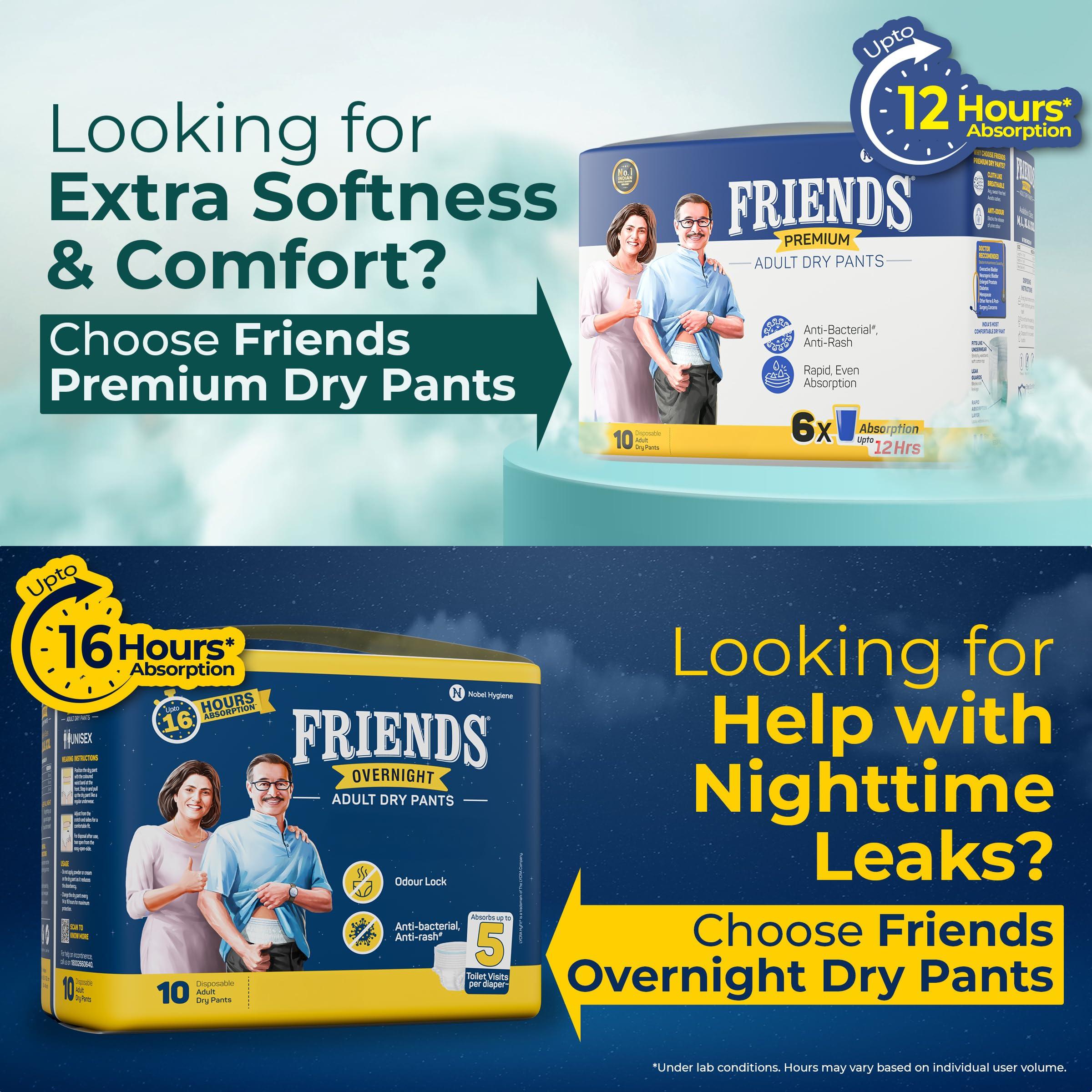 Friends Friends Premium Adult Diapers Pants Style - 60 Count (Medium) with odour lock, Unisex, Leakproof, Elastic Waist and Anti-Bacterial Absorbent Core - Waist Size 25-48 inch; 63.5-122 cm