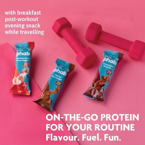 Phab Phab Assorted (Chocolate Brownie, Mocha Nut Fudge, Strawberries & Greek Yogurt) 21G Protein Bars (Pack Of 6), Fitness & Immunity With Goodness Of Dates-390 Gram