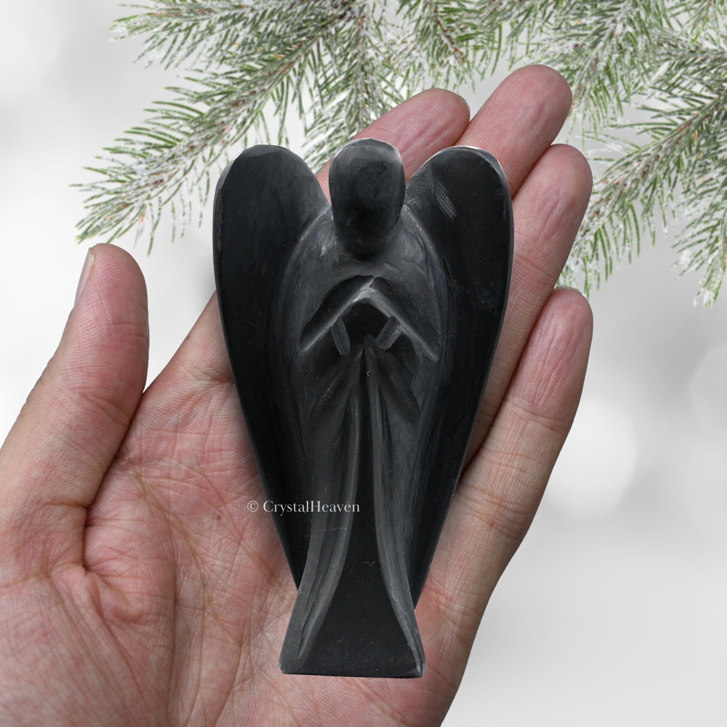 Crystal Heaven Certified Shungite Crystal Angel Pocket Figurines Idol - AAA Grade Original Healing Gemstone for Yoga Reiki Meditation Feng Shui (4 Inches)