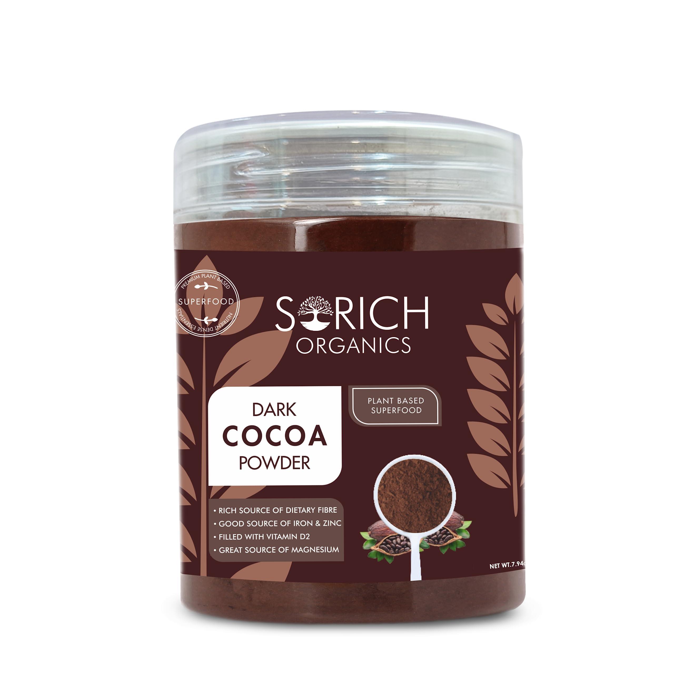 Sorich Organics Sorich Organics Dark Cocoa Drink Powder 225gm | Dark Cocoa Powder for Cake, Chocolates, Cookies, Brownies, Hot/Cold Milk Shakes, Desserts, Bars, Smoothies | Vegan | Gluten Free (Unsweetened)