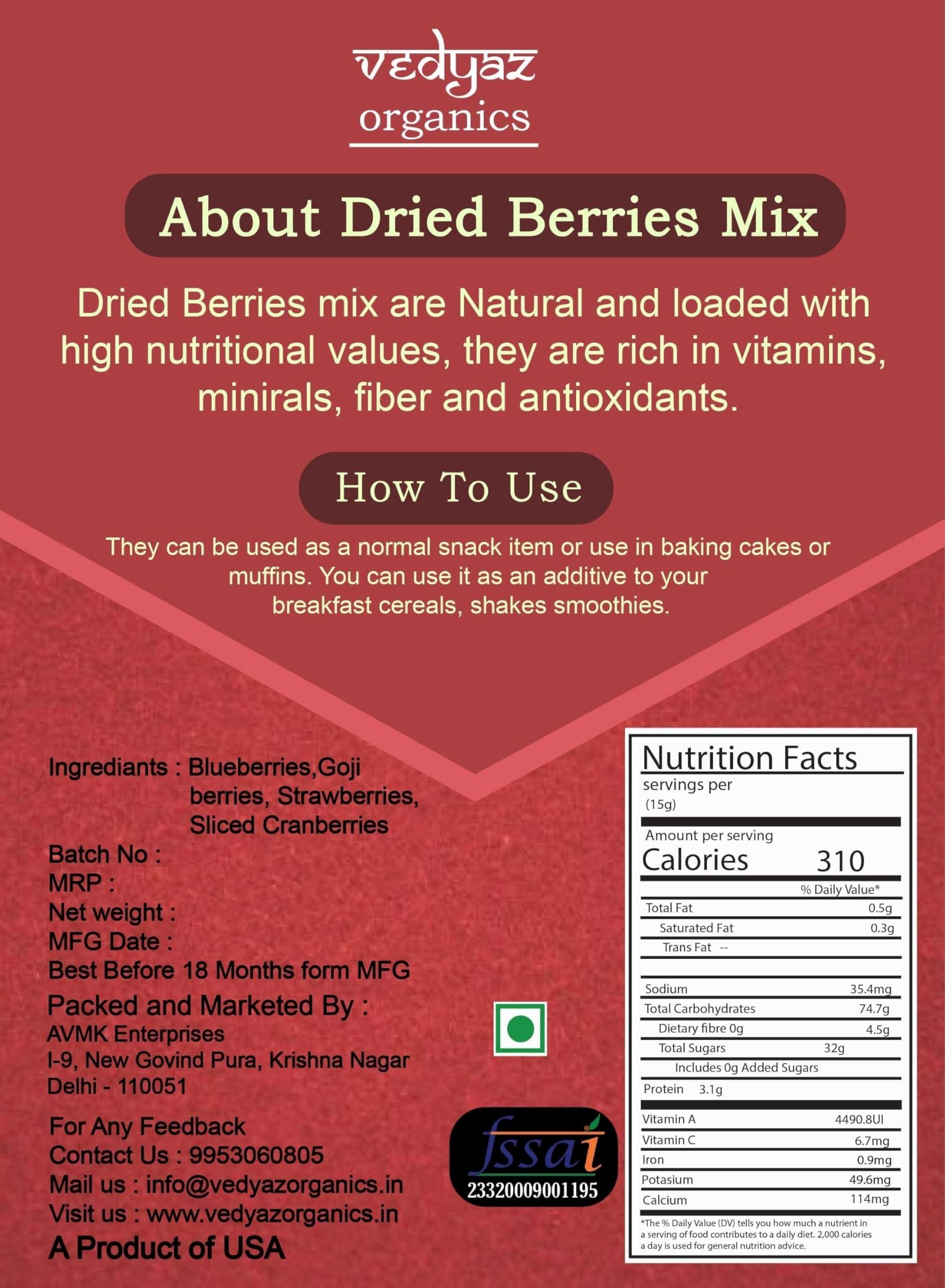 Vedyaz Organics Vedyaz Organics Dried Berries Mix 200gm - Mix of Blueberry, Goji berry, Strawberry & Cranberries Dry fruits - Rich in Nutrients & Antioxidants