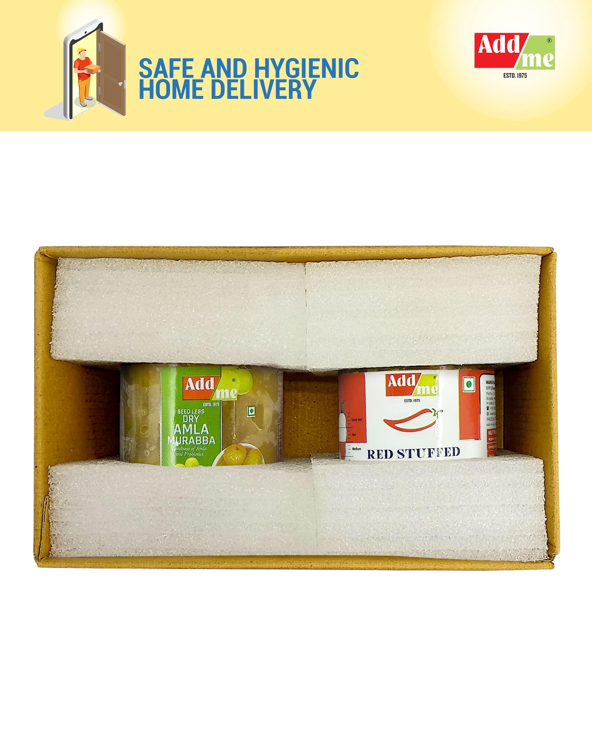 Add me Add me Seed Less Dry Amla Murabba Without Syrup Immunity boosters & Red Stuffed Pickle, bharwa lal mirch 200gm Combo Gift Pack Glass Jar