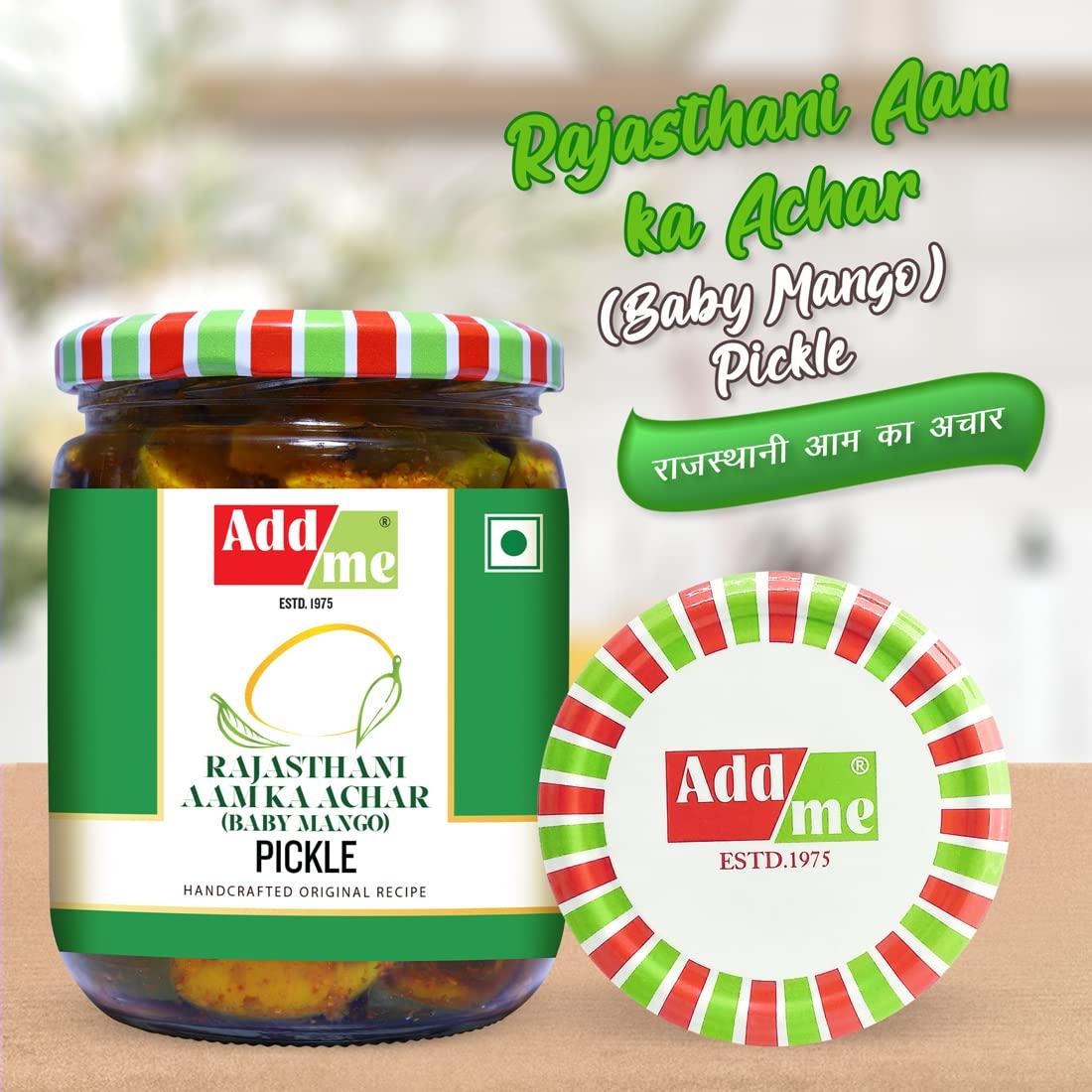 Add me Add me Rajasthani Mango Pickle 500G, Seed Less marwadi aam ka achar Glass Pack Baby Mango 500gm