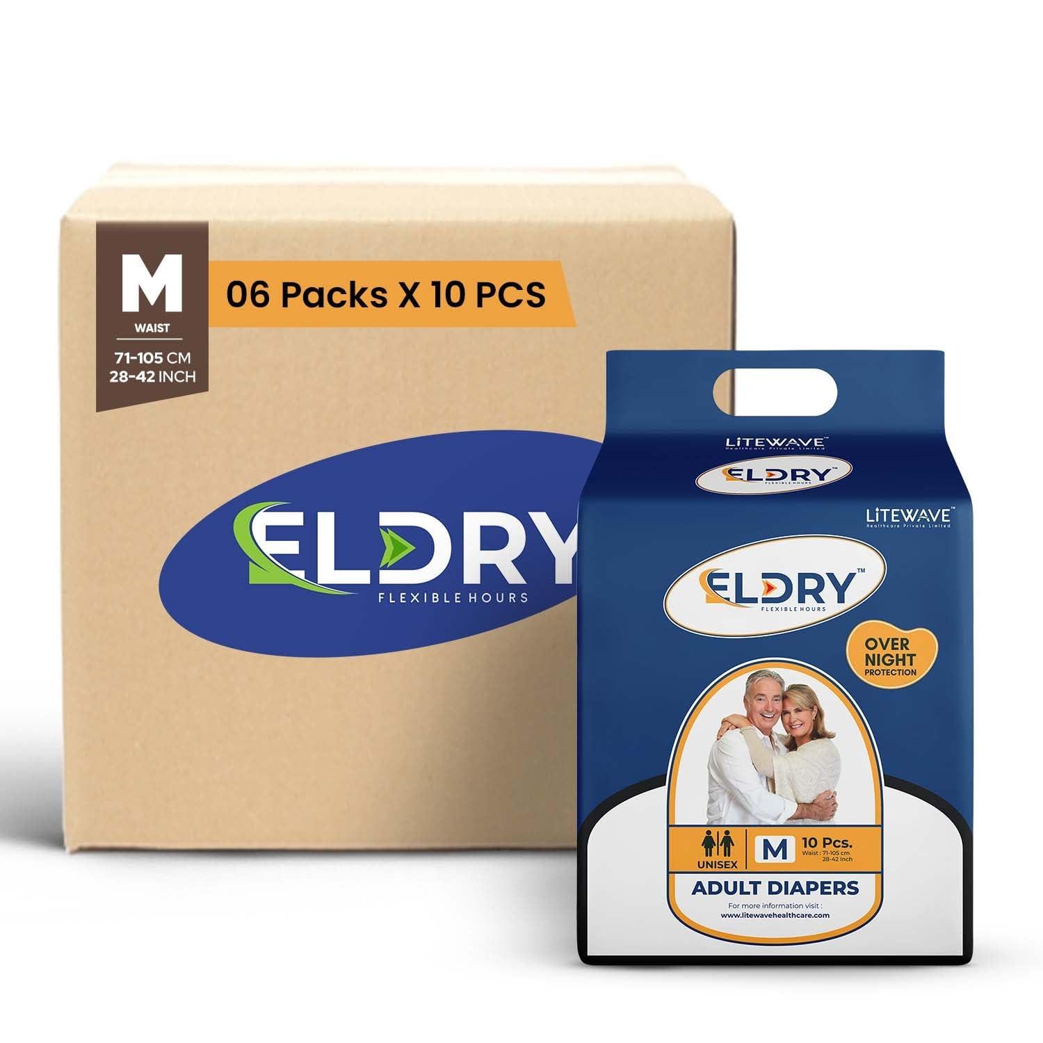 ELDRY Eldry Adult Diaper, Tape Style, Medium (M) Size, 60 Count, Unisex, Waist Size (28-42 Inch | 71-105 cm), Super Absorbent Core, Wetness Indicator, Overnight Protection, Pack of 6