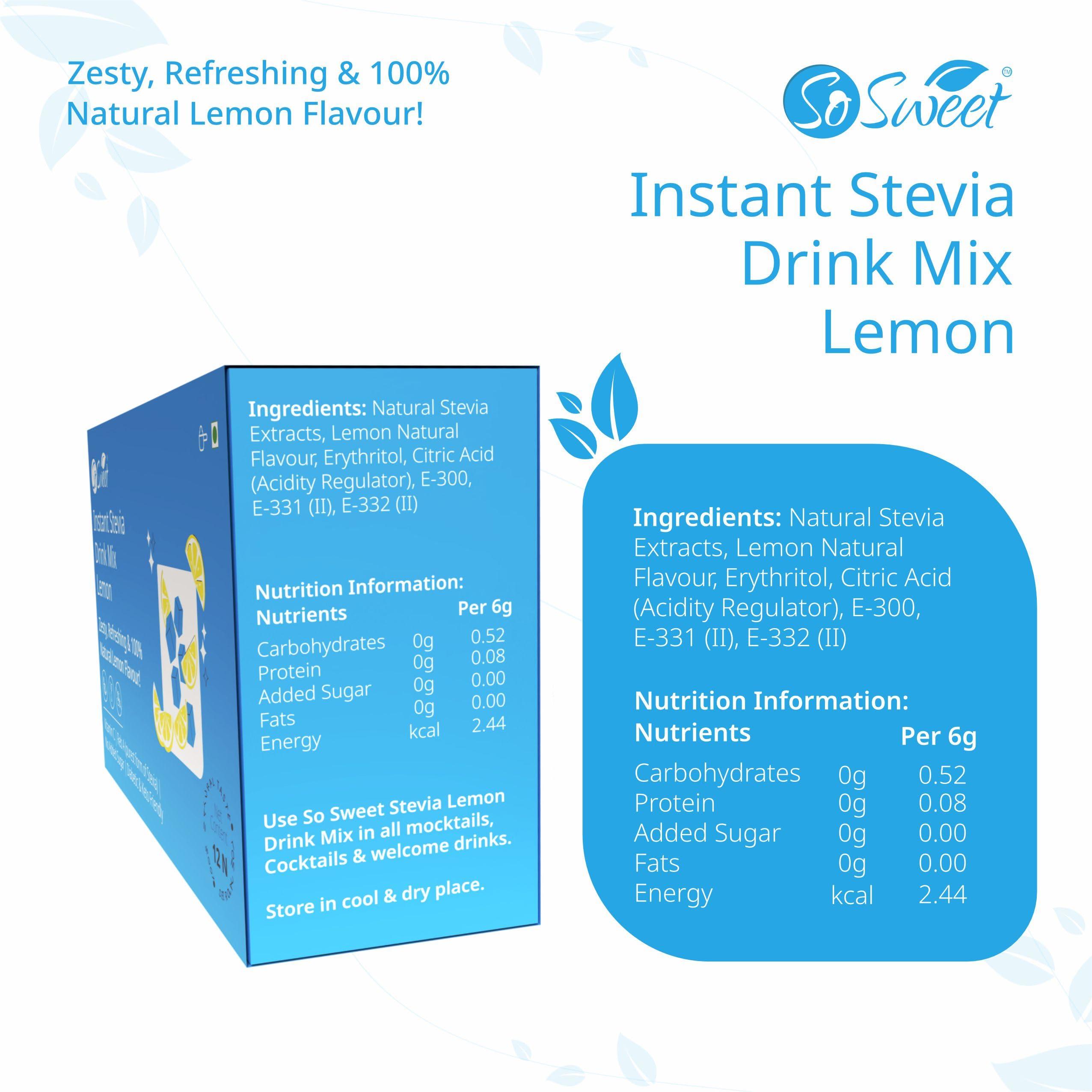 So sweet So Sweet Stevia Lemon Instant Drink Mix Sugar Free | Zero Calories| Enrich with Vitamin C | 12 Sachets