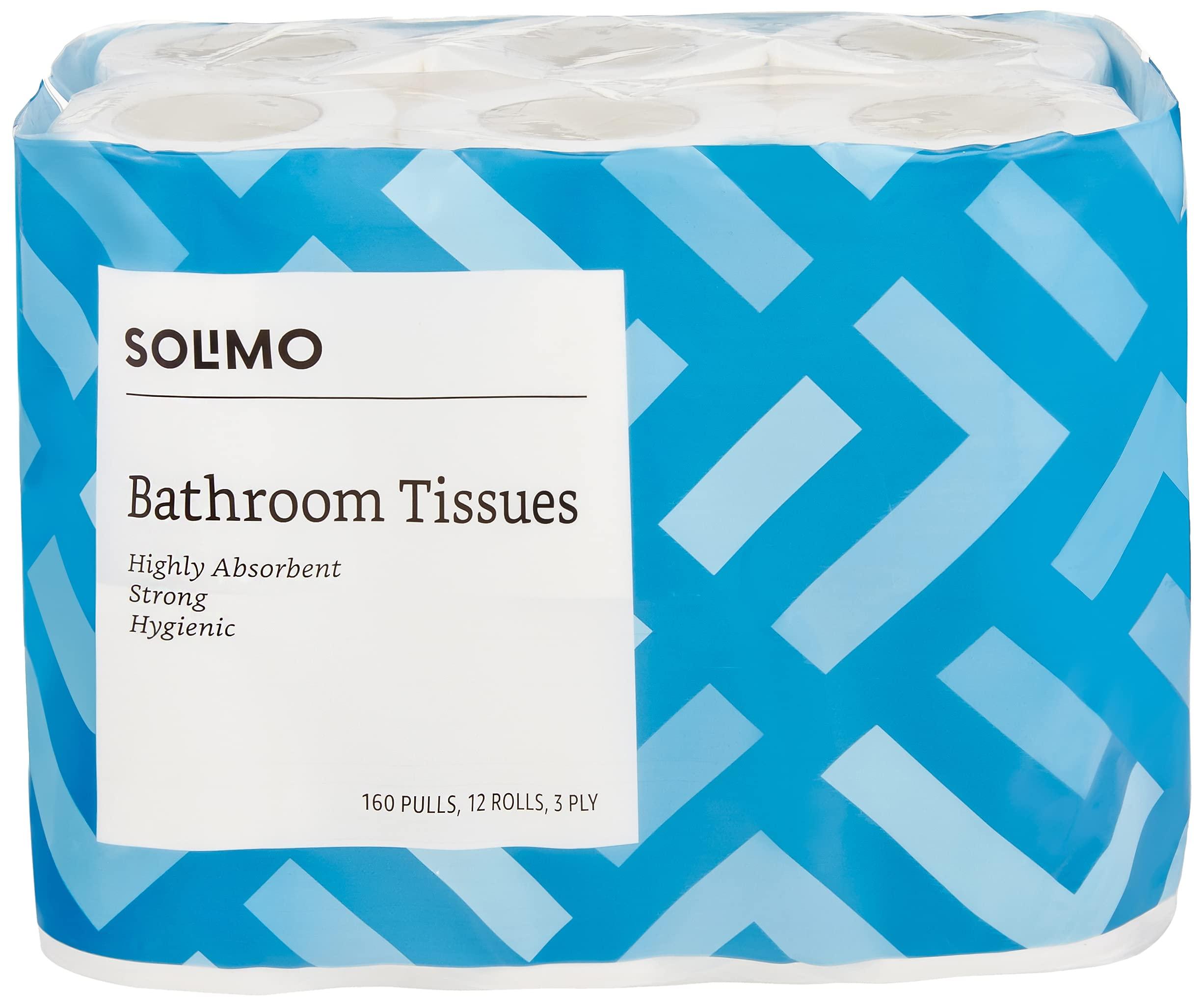 Amazon Brand - Solimo Amazon Brand - Solimo 3 Ply Toilet Paper Roll 3840 pulls | 160 pulls X 24 Rolls | soft and highly absorbent | 100% Natural Virgin Cellulose Fiber