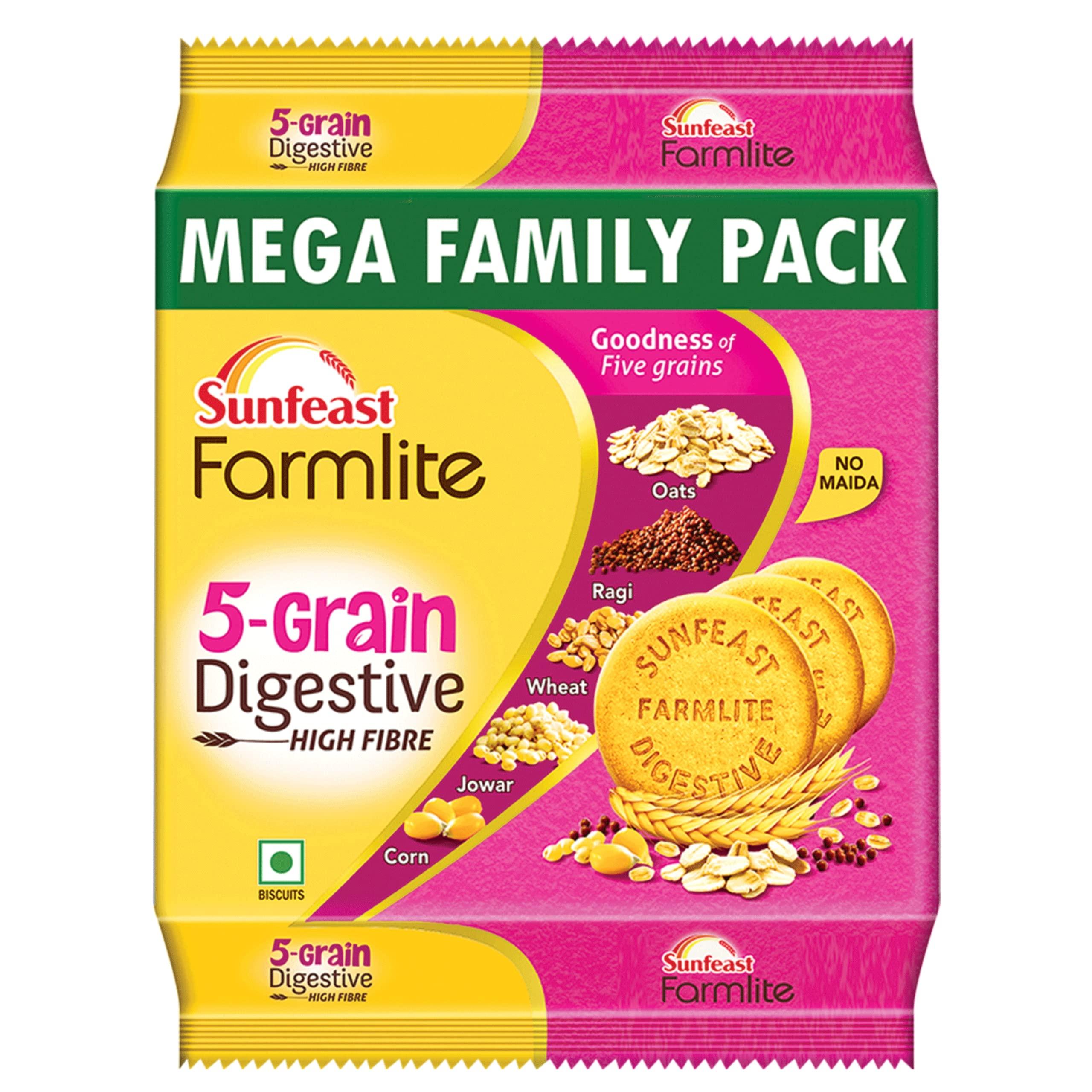 Sunfeast Farmlite Sunfeast Farmlite 5 Grain Digestive Biscuit, High Fibre Biscuit, Goodness of 5 Grains, 800 g Pack & Sunfeast Marie Light Active Bag, 1 kg