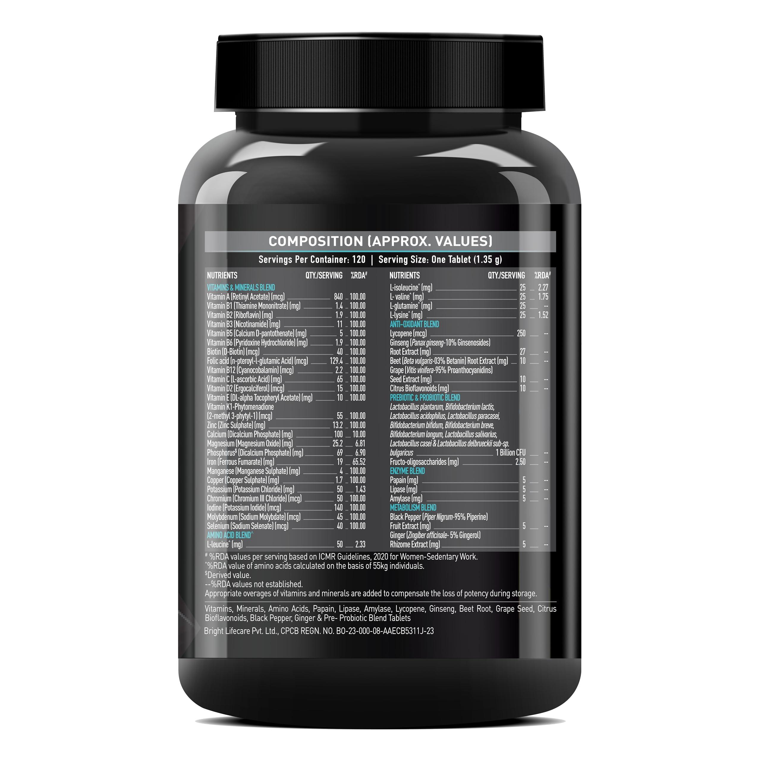 MuscleBlaze MuscleBlaze MB-Vite Daily Multivitamin (120 Tablets) | With 51 Ingredients & 6 Blends | Vitamins & Minerals, Prebiotic & Probiotics, Amino Acid Blends | For Energy, Stamina & Recovery