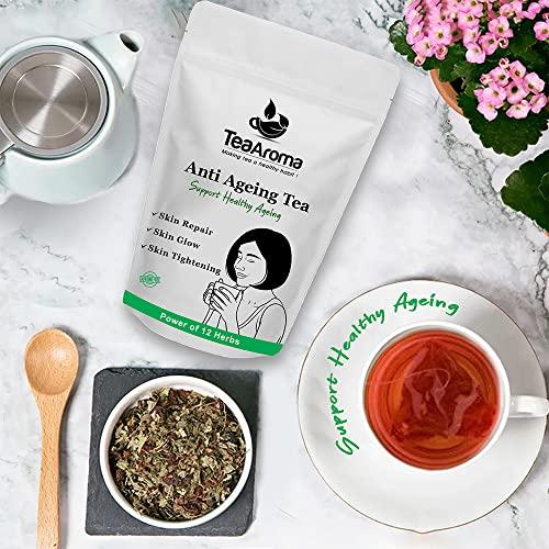 Tea Aroma - Making tea a healthy habit ! Tea Aroma - Anti Ageing Tea - Caffeine Free Tea With 12 Powerful herbs helps in Skin Tightening, Skin Glow, Hair Strengthening - Rich in Antioxidants - 50 g