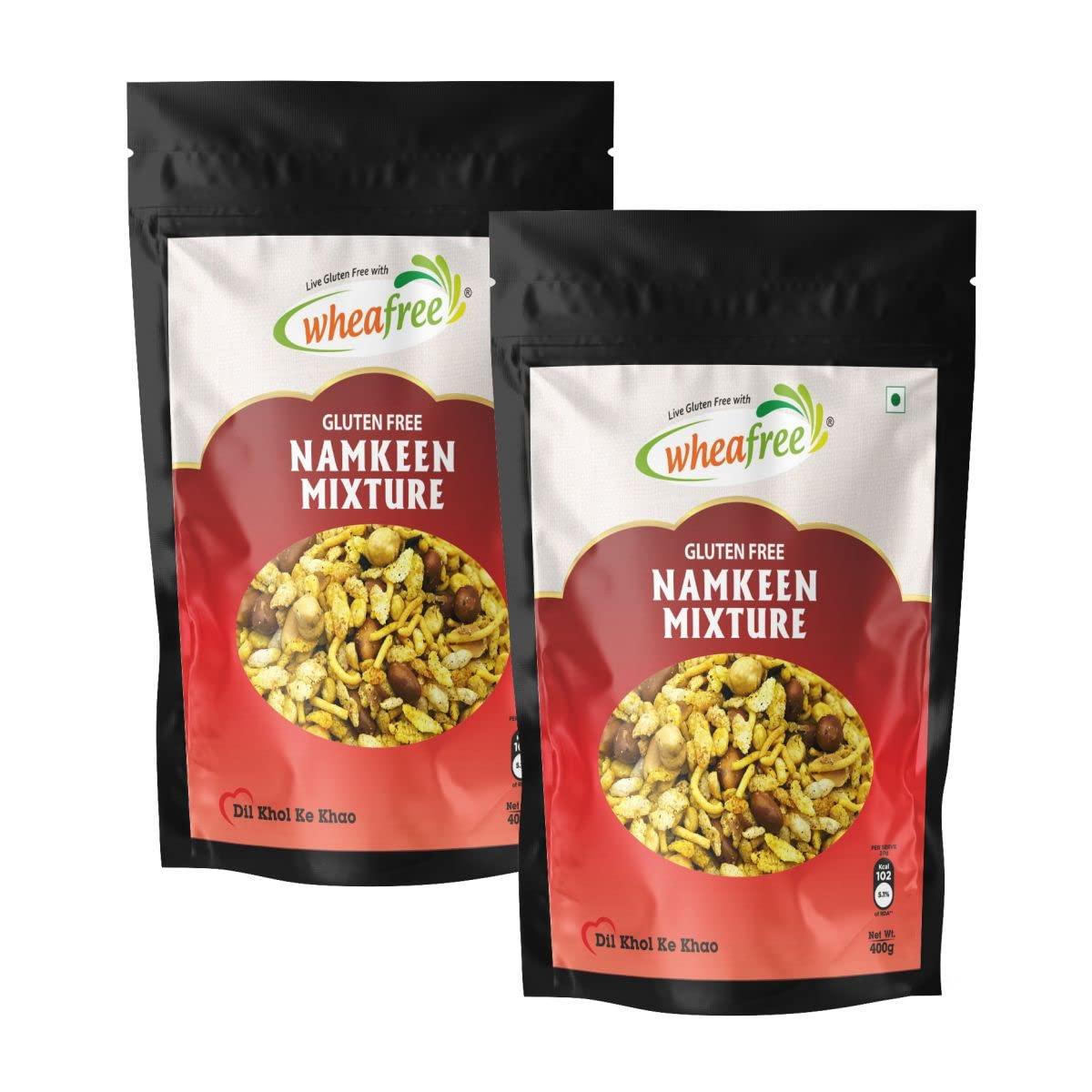 wheafree Wheafree Gluten Free Namkeen Mixture - Pack of 2 (400g each) | Delicious, Ready to Eat Indian Snacks | Tasty Crispy & Crunchy Savoury Snacks | Tangy and Spicy Flavour