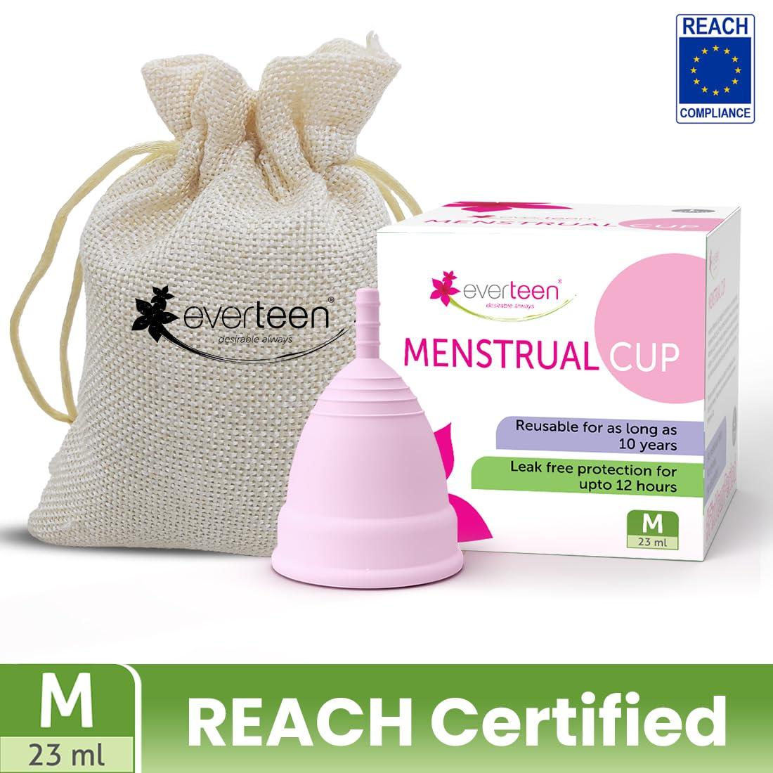 Everteen everteen Medium Menstrual Cup for Periods | Odor-Free, Rash-Free, No Leakage | 12-Hour Protection | Reusable For Up To 10 Years | Medical-Grade Silicone | Free Pouch | Sanitary Cup for Feminine Hygiene - 1 Pack