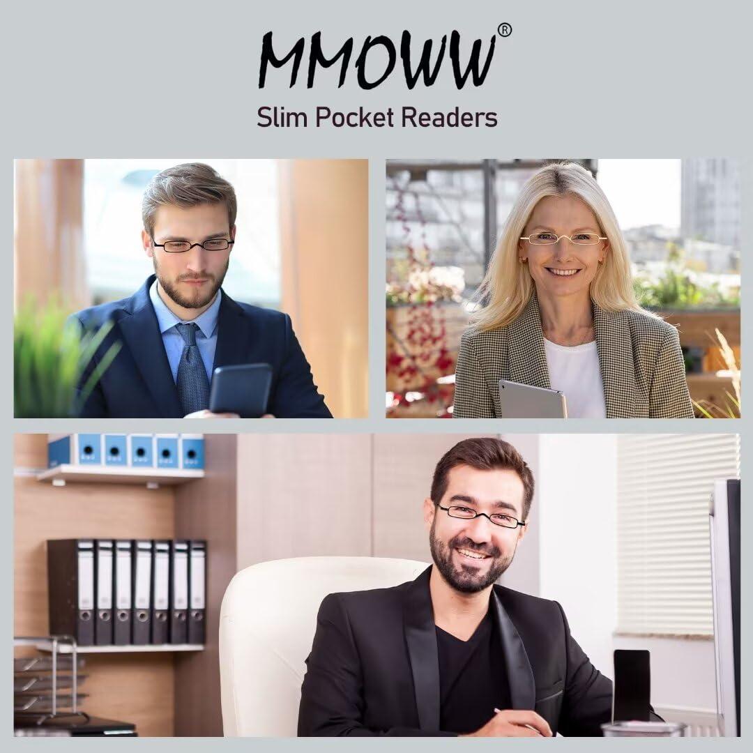 MMOWW Small Reading Glasses Men Women 3 Pairs Slim Pocket Readers with Pen Clip Metal Case Spring Hinge 2.0