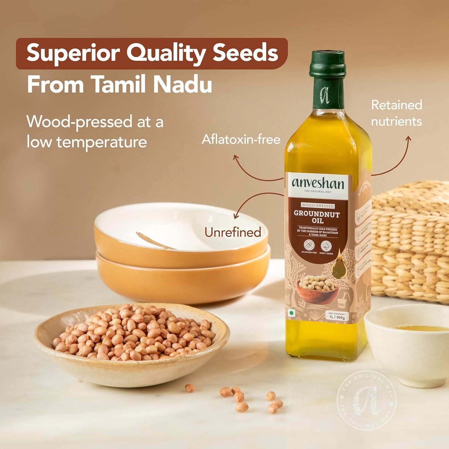 Anveshan Empowering farmers with technology Anveshan Wood Pressed Groundnut Peanuts Oil 1 Litre | Plastic Bottle | Kolhu/Kacchi Ghani/Chekku/Ganuga | Peanut Oil | Natural | Chemical-Free | Cold Pressed Groundnut Oil for Cooking