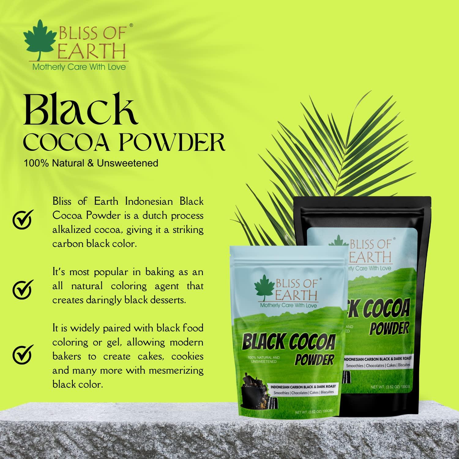 BLISS OF EARTH Bliss of Earth Carbon Black Cocoa Powder Indonesian Natural and Unsweetened, Dark Roast Perfect for Cooking & Baking Cakes, Biscuits, Oreo, Chocolates, Smoothies 200g
