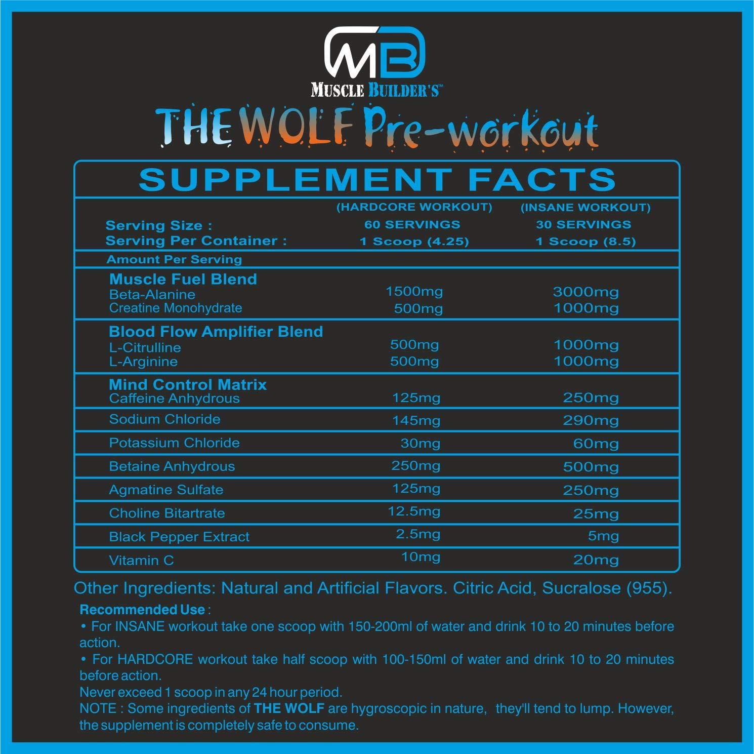M B Muscle Builder\'s M B Muscle Builder\'s The Wolf Pre Workout Gym Supplement to Boost Your Energy & Performance/Body Building Powder for Men & Women [30-60 Servings, Pina Colada, 255g]