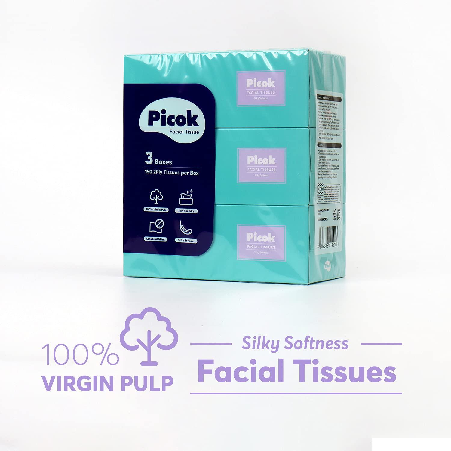 Picok Picok Silky Soft Facial Tissues (150 X 3box), Silky Touch,100% Natural Virgin Pulp, Made in Korea