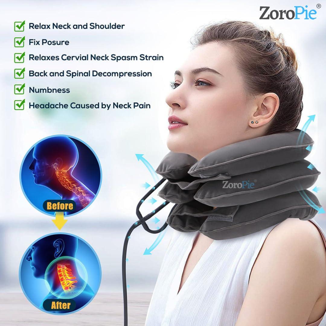 Zoropie Zoropie Cervical Neck Traction Device - One Size Fits All Necks - India Owned Registered - Relief for Chronic Neck & Shoulder Alignment Pain - Inflatable Neck Stretcher Collar for Home Relief