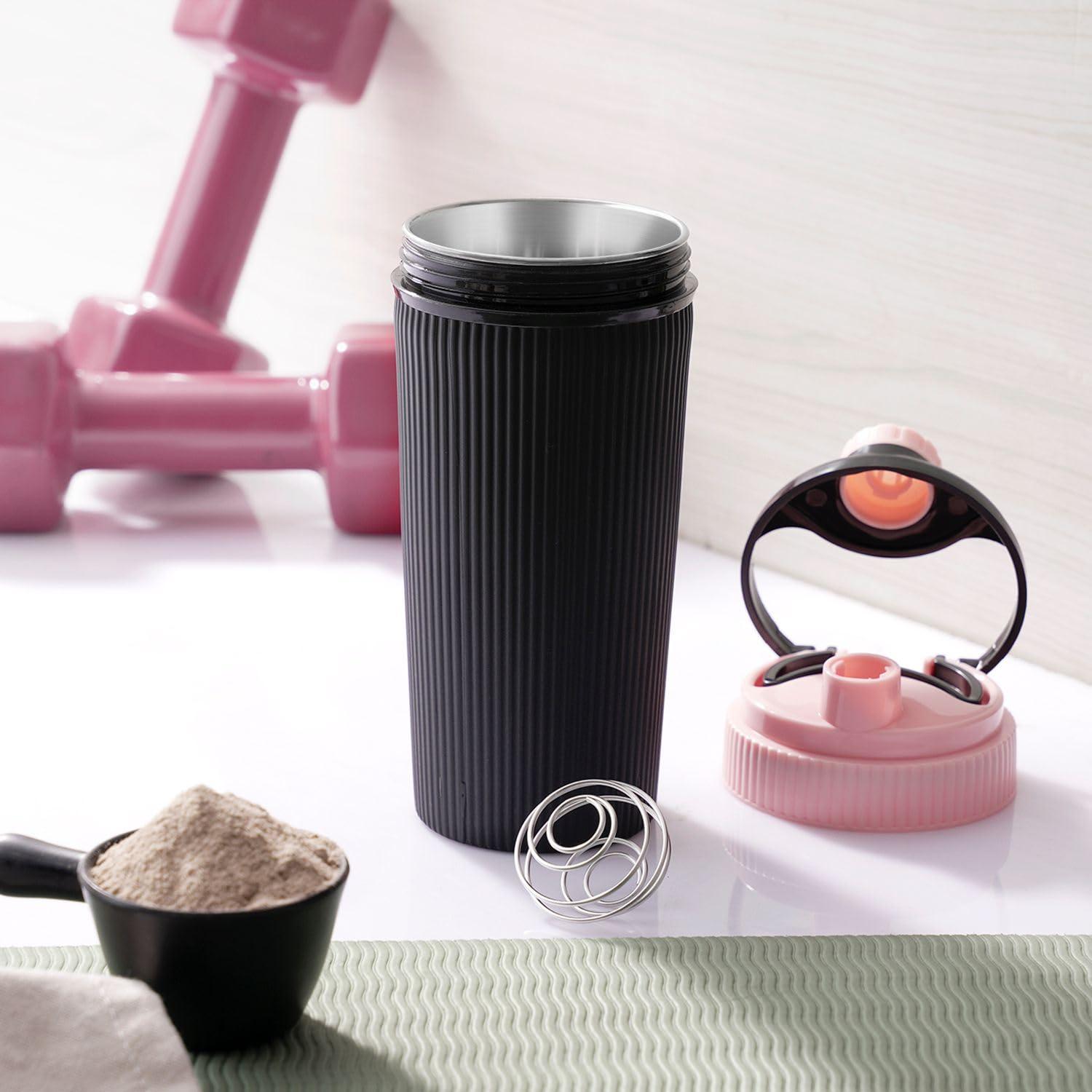 LD LUCIDO DECORE LUCIDO Combo of 2 Combo of 2 Stainless Steel Airtight Leakproof Insulated Protein Shaker Bottle with Blender Spring for Preworkout & Gym (630 ml, Pink & Orange)