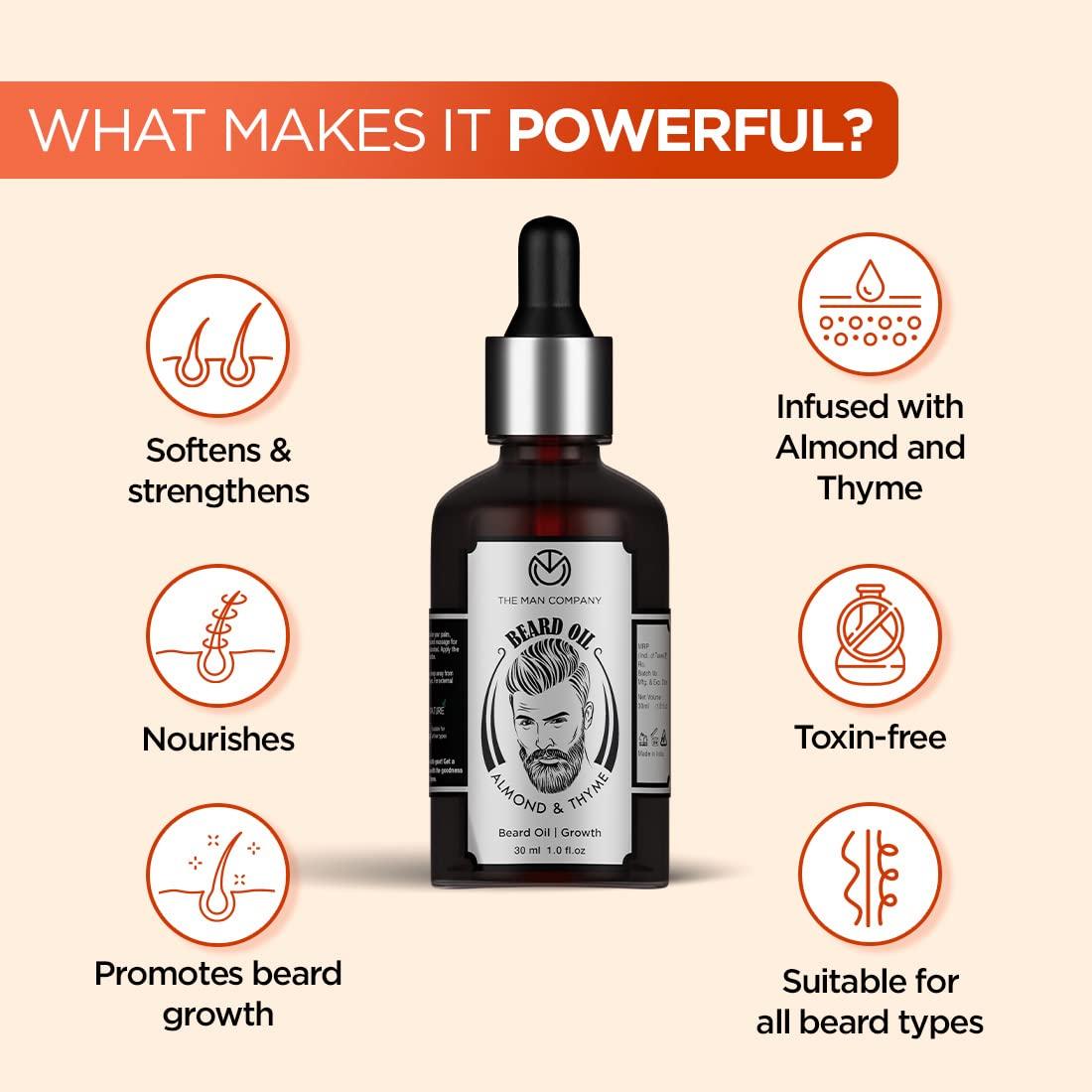 The Man Company The Man Company Beard Oil for Growing Beard Faster with Almond & Thyme, 100% NATURAL, Best Beard Growth Oil for Men, Nourishes & Strengthens Uneven Patchy Beard - 30ML