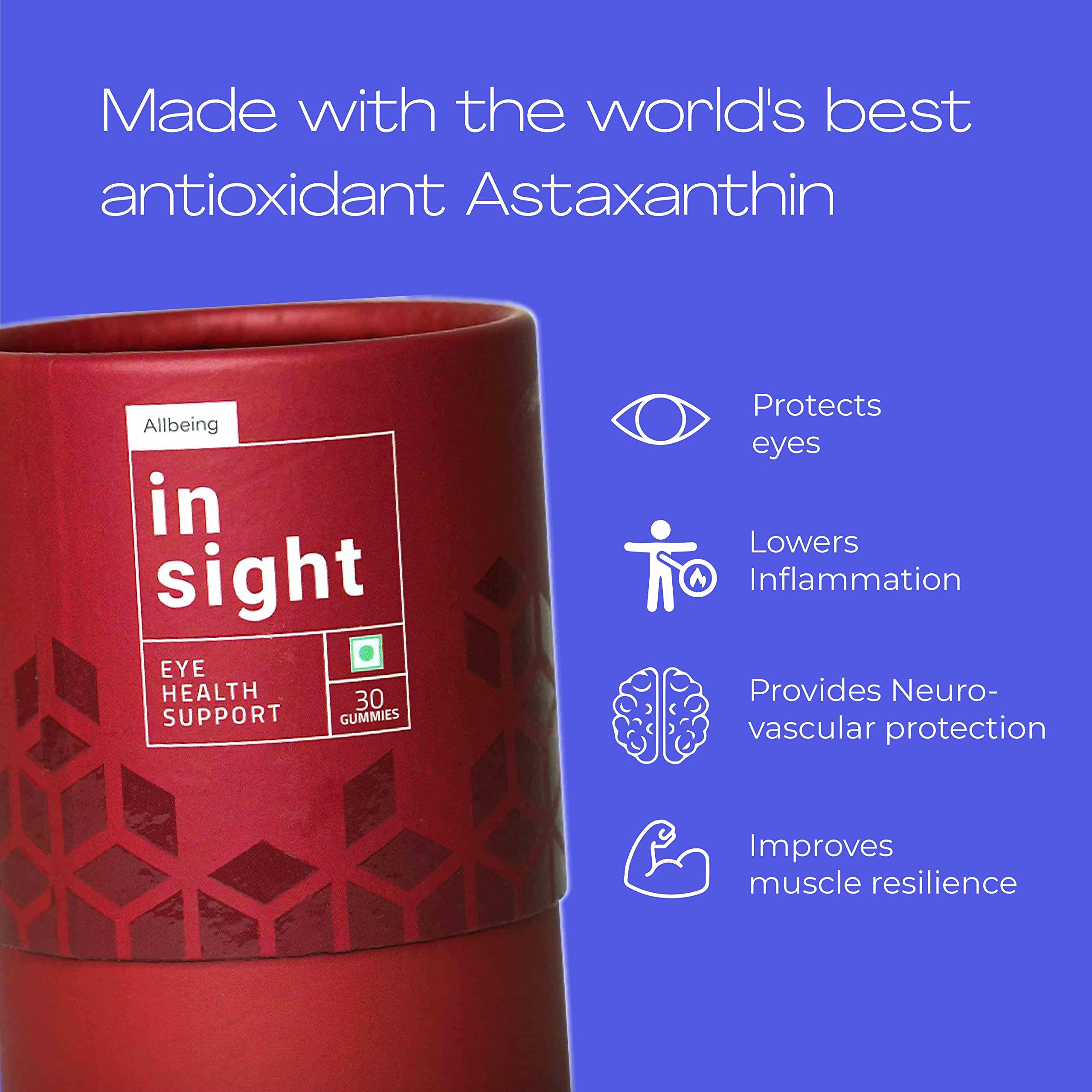 Allbeing Allbeing Eye Supplements Gummies | Insight for Complete Vision Support & Eye Health, Protects against - Dry Eyes, Eye strain, Blue light & Glare | Contains Lutein, Natural Astaxanthin, Bilberry Ext, Vitamins A,C, E, | 100% Natural Flavor - 30 Gummies