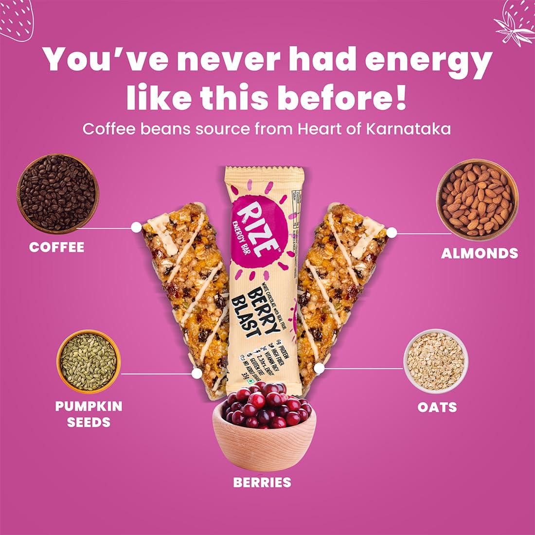 Rize RIZE Energy Bar|As Seen on Shark Tank India| 6g Protein Bar Caffeinated bars for post work out Snack, High Protein Bar with Zero added Sugar, Gluten Free Healthy Snack (Berry Blast-Pack of 6 Energy Bar)