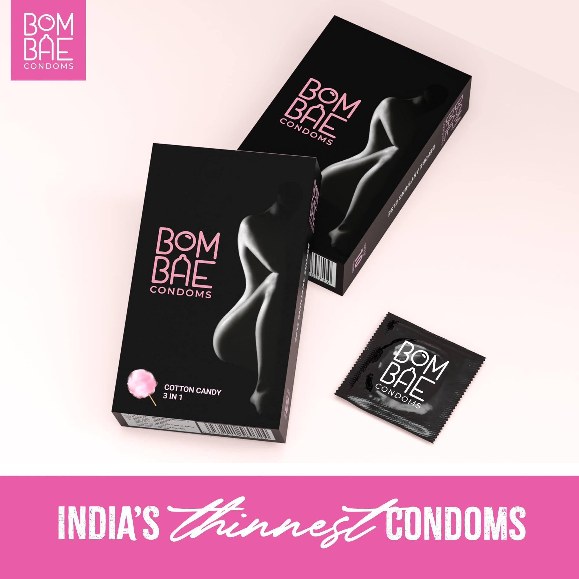 Bombae Condoms Bombae Condoms Extra Dotted Condoms for Men, Latex Free, Cotton Candy Flavour, Black - Pack of 4 (40 count)