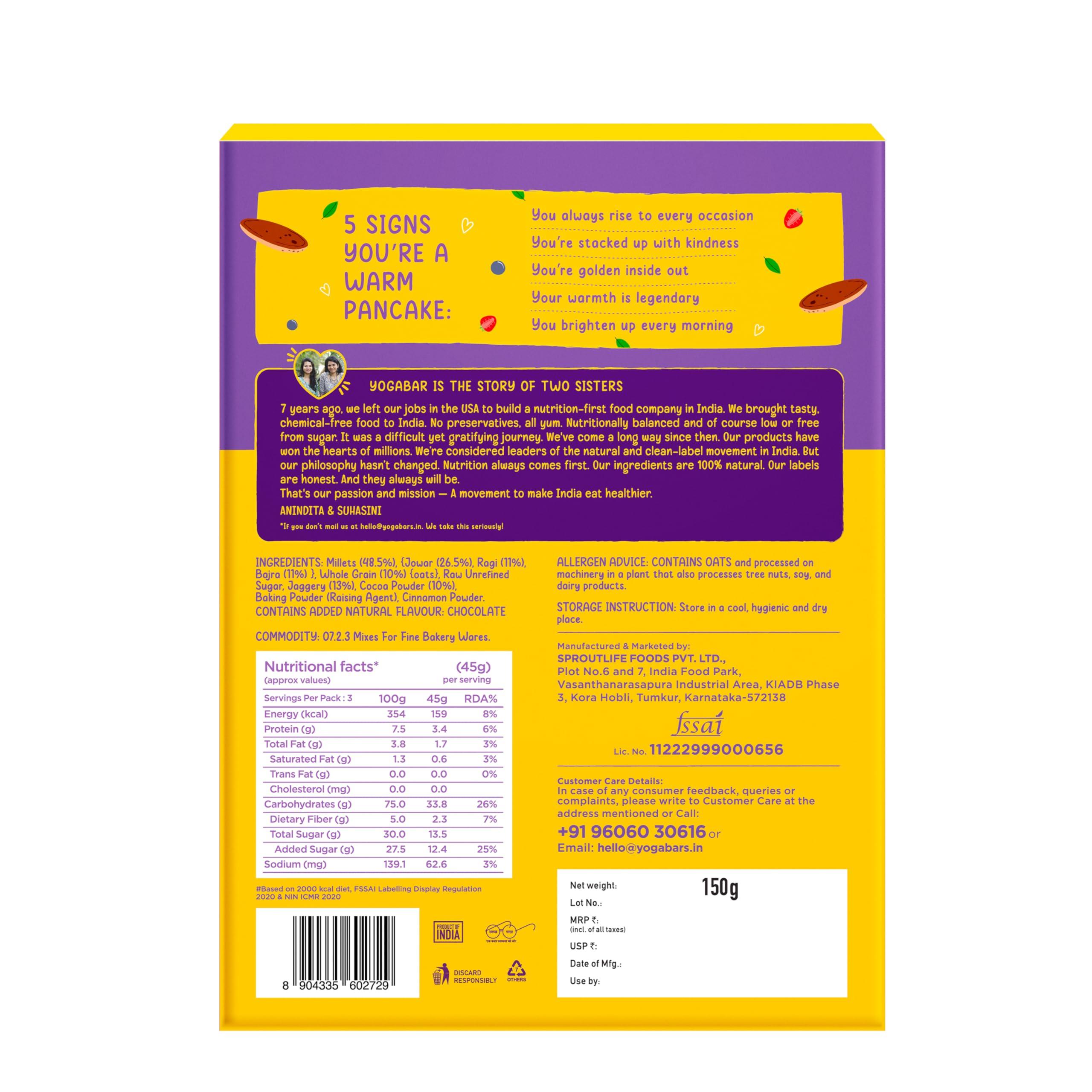 Yogabar Yogabar Pancake Mix,Chocolate & Banana Choco Chip Pan Cake Mix Powder,0 Maida,0 Preservatives,Goodness of Jowar,Oats,Bajra,Ragi,Healthy Breakfast for Children, Easy to Make Breakfast,150g x Pack of 4