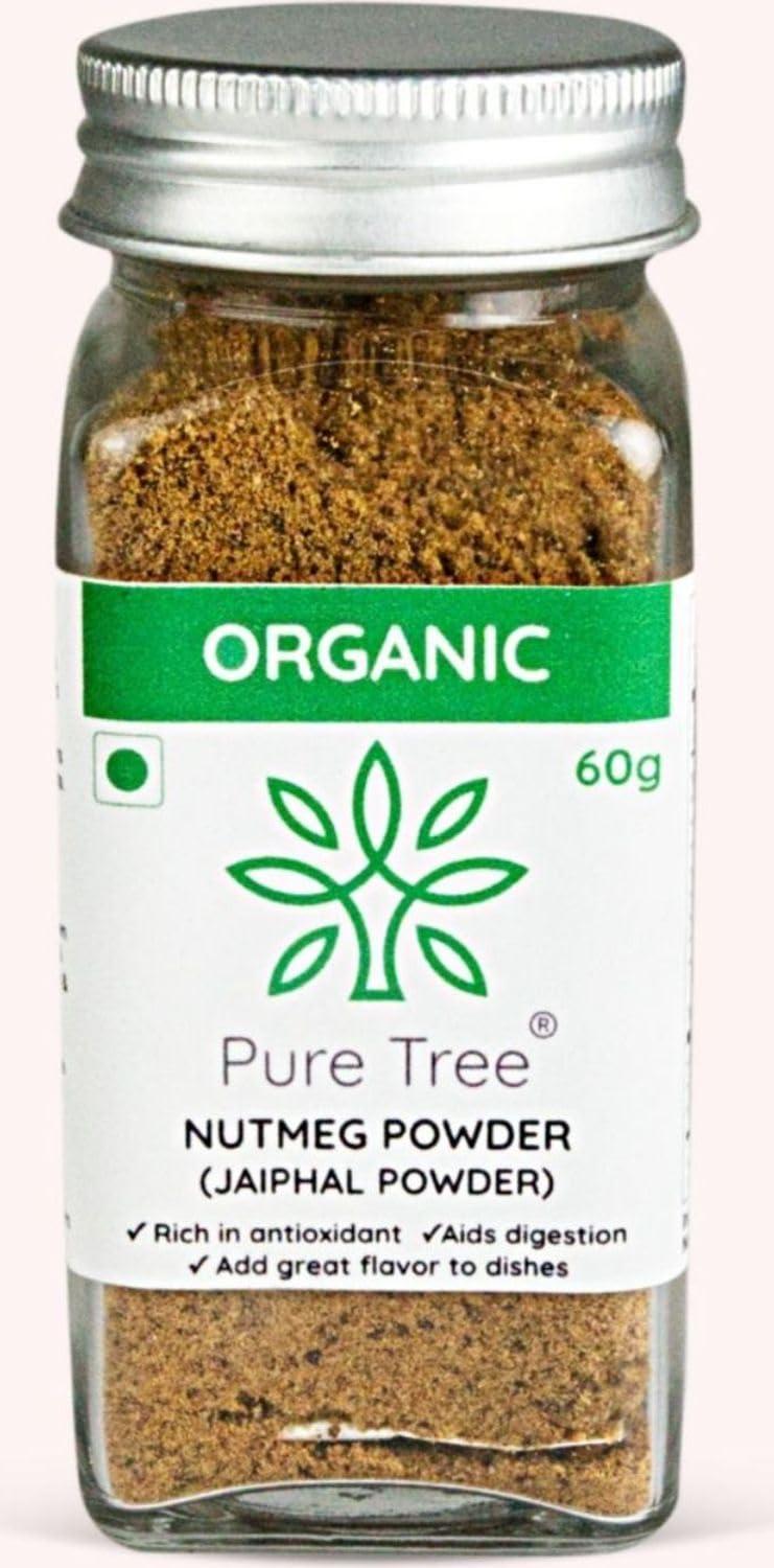 Pure Tree Pure Tree Certified Organic Nutmeg Powder | 60 g | Glass Jar | Grounded Jaiphal Powder Jathikai Powder | Organic Jaifal Powder for Baby | Jayfal, Myristica Fragrans
