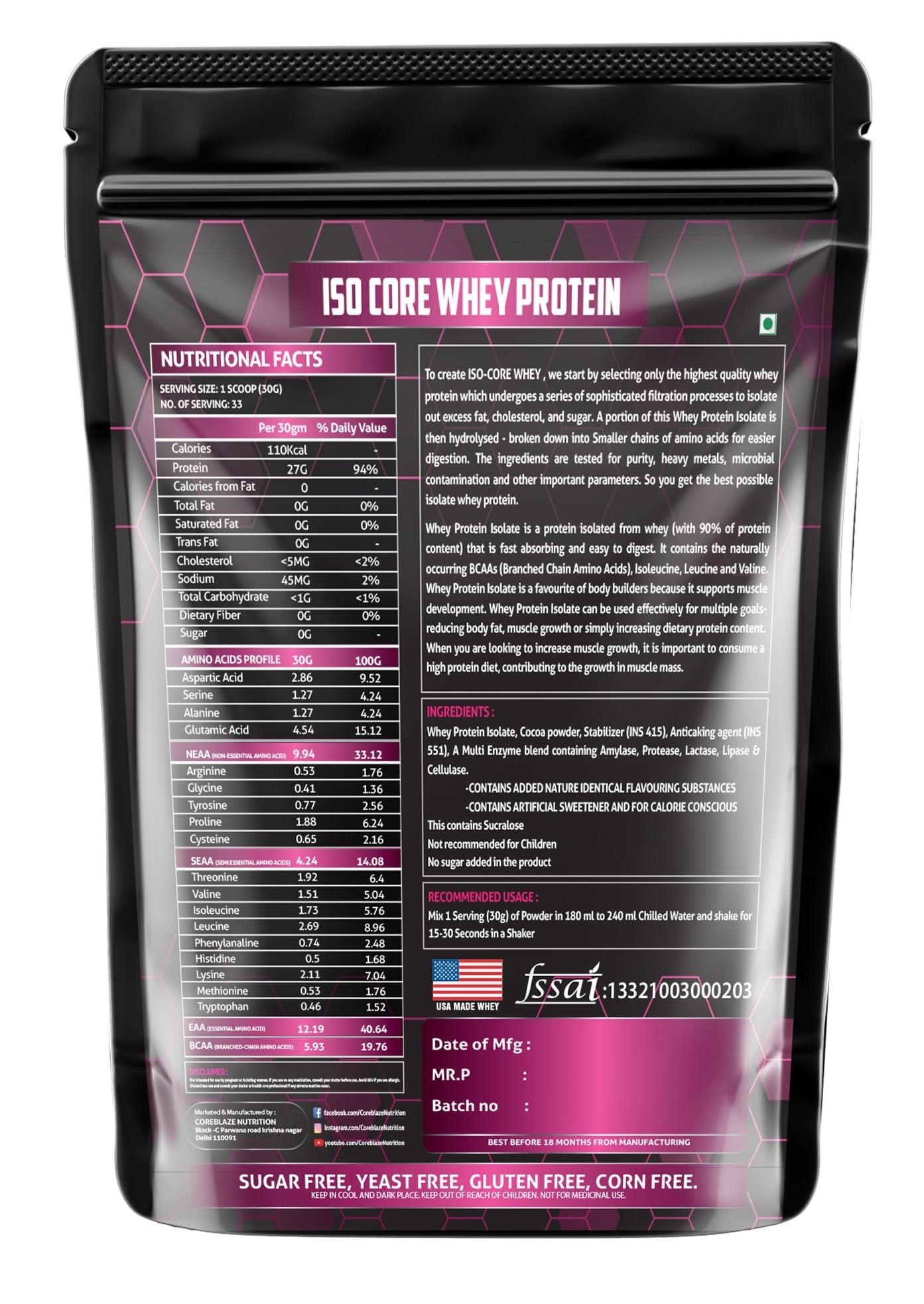 COREBLAZE NUTRITION Coreblaze Nutrition Best Whey Body building Protein powder Isolate 90% | for Men & Women (Chocolate, 1-Kg)