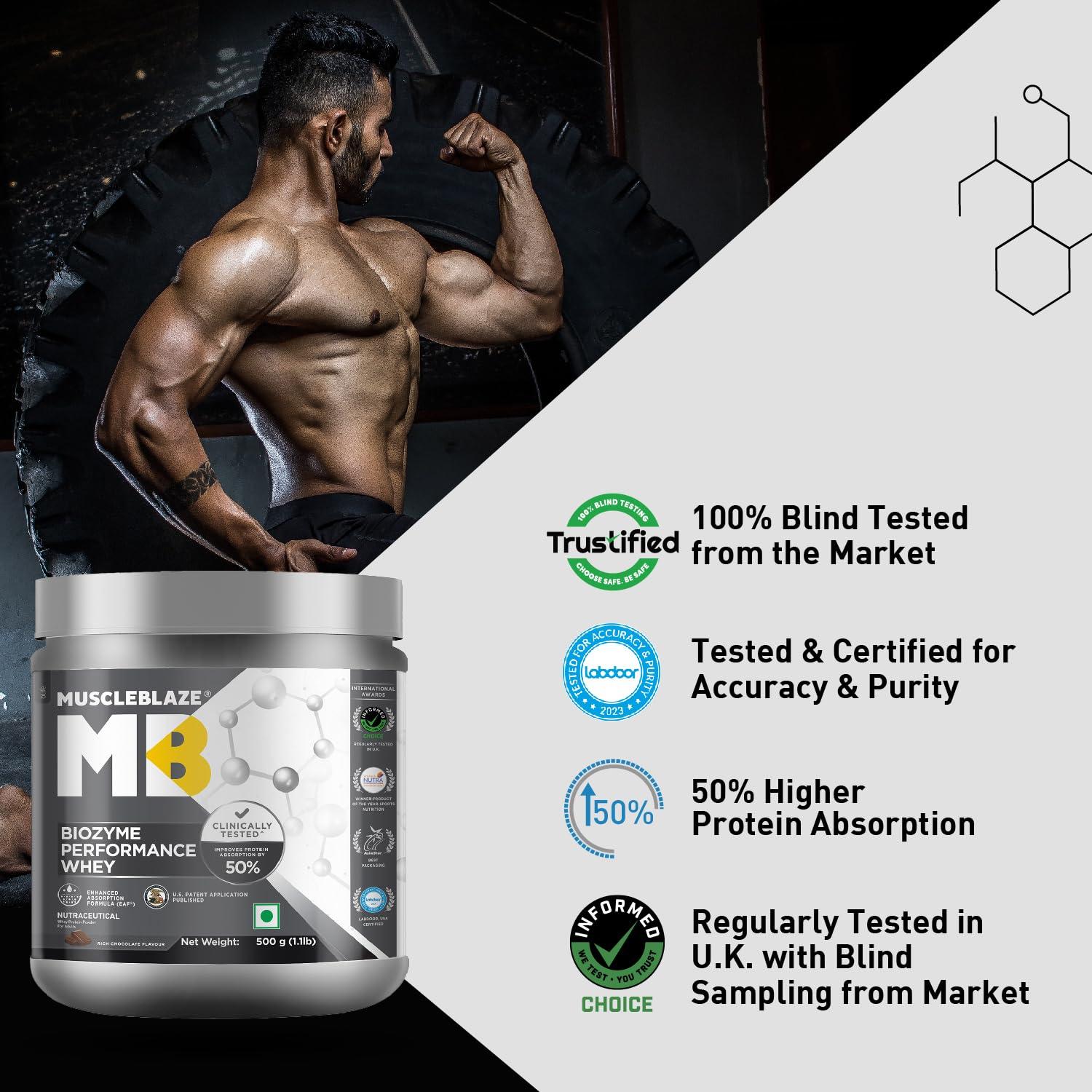 MuscleBlaze MuscleBlaze Biozyme Performance Whey Protein | Clinically Tested 50% Higher Protein Absorption | Informed Choice UK, Labdoor USA Certified & US Patent Filed EAF (Rich Chocolate, 500 g / 1.1 lb)
