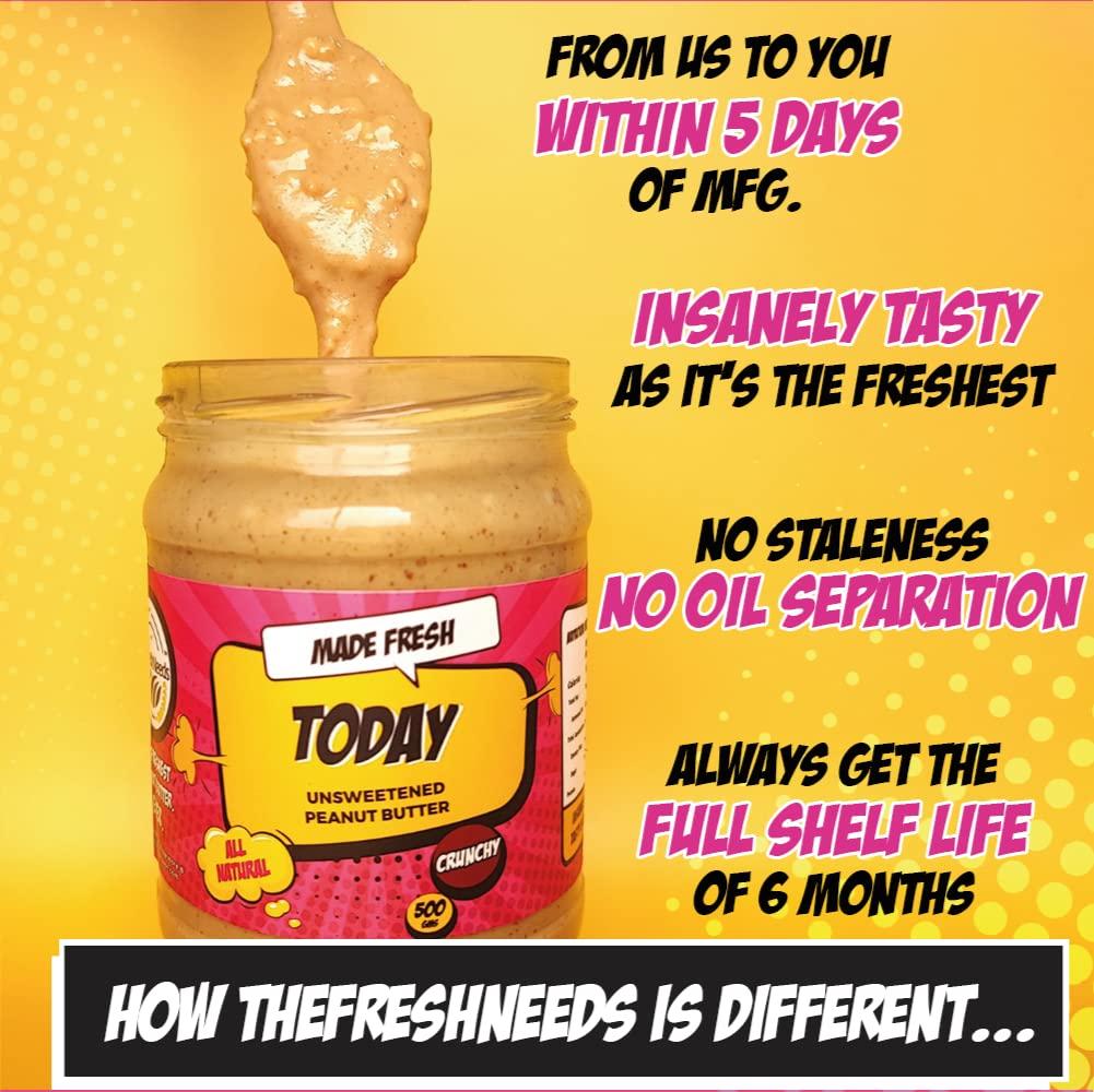 TheFreshNeeds TheFreshNeeds Natural Peanut Butter (Unsweetened Crunchy) | Made Fresh on Order | 500gm | High Protein | Insanely Tasty & Healthy | Sugar-free