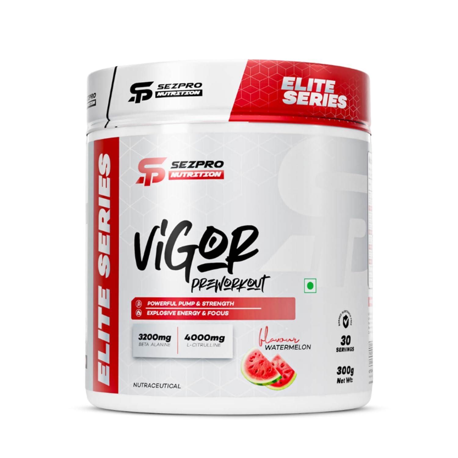 Sezpro Nutrition Sezpro Nutrition Vigor Pre Workout | 300gm | 30 Servings | 300mg Caffeine | 200mg Theanine | 3200mg Beta Alanine | 4000mg Citrulline | Powerful Pump & Strength | Explosive Energy & Focus (Watermelon)