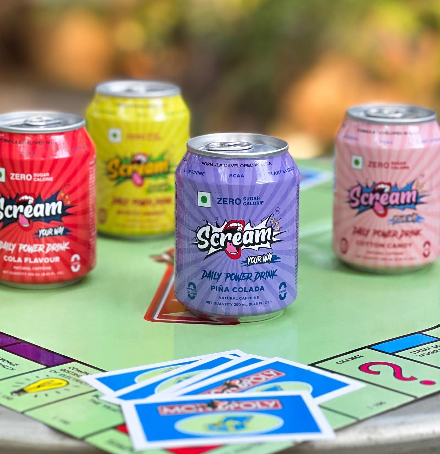 SCREAM YOUR WAY Scream Power Energy Drink: Assorted Flavour, 0 Sugar, 0 Calorie, 0 Carb, 0 Artificial Color Energy Drink with BCAA, Natural Caffeine, Sustained Energy - Pack of 4, 250ml Cans