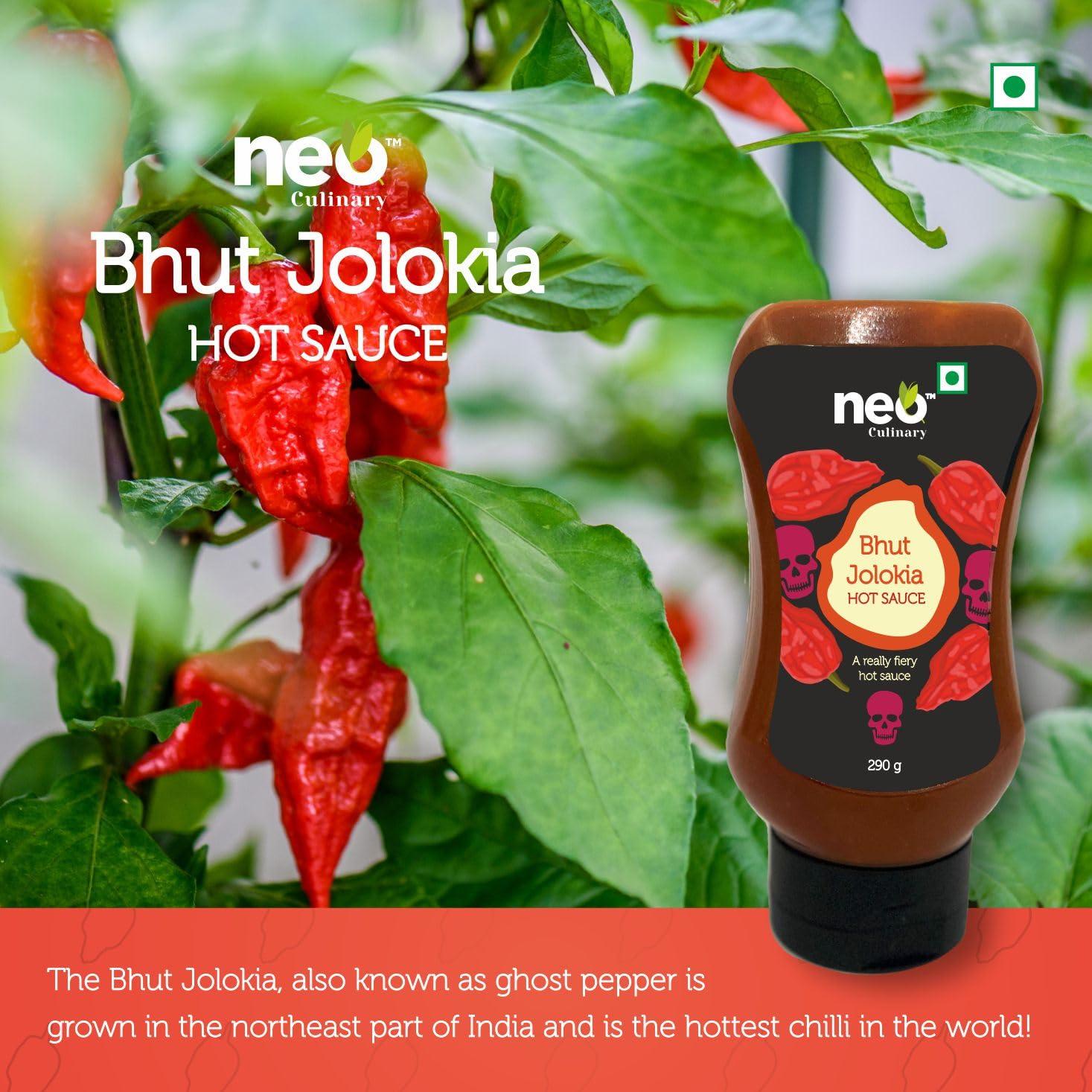 Neo Neo Bhut Hot Sauce 290g I Made of Ghost Peppers (Bhut Jolokia) I P1 I Extra Spicy Chilli Sauce I Topping & Dip for Snacks, Mix with Cheese, Mayonnaise I Ready to Eat Food I Farm Fresh I 100% Vegan I 290g (Pack of 1)