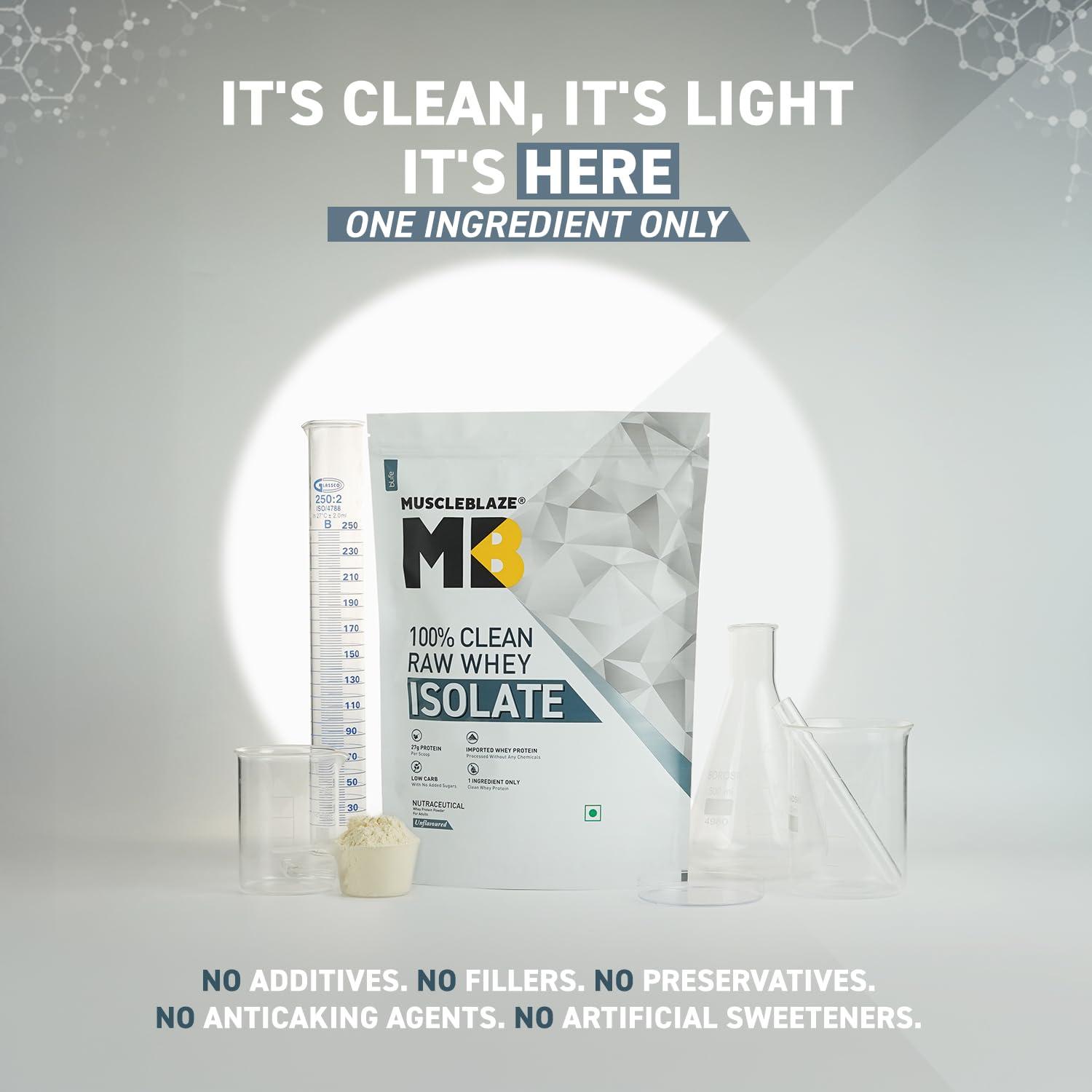 MuscleBlaze MuscleBlaze 100% Clean Raw Whey Protein Isolate (Unflavoured, 1kg) | 27g Protein per Scoop | Easy to Digest
