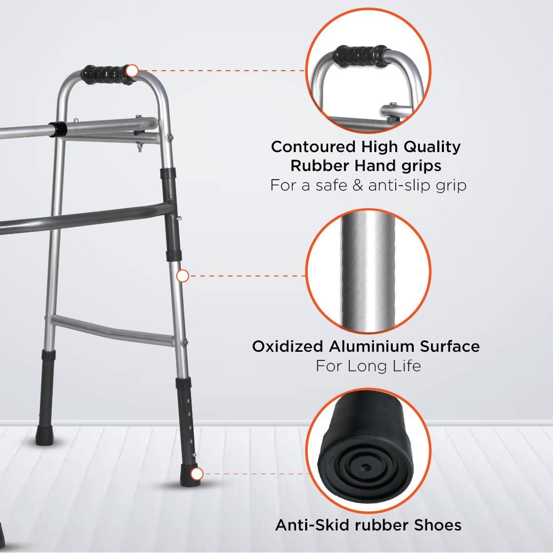 Vissco Vissco Dura Lite, Walker for Elderly and those Physically Challenged, Foldable, Light Weight & Height Adjustable Walking Aid, Made with Premium Grade Rubber Shoes and PVC Grip -Universal (Grey)