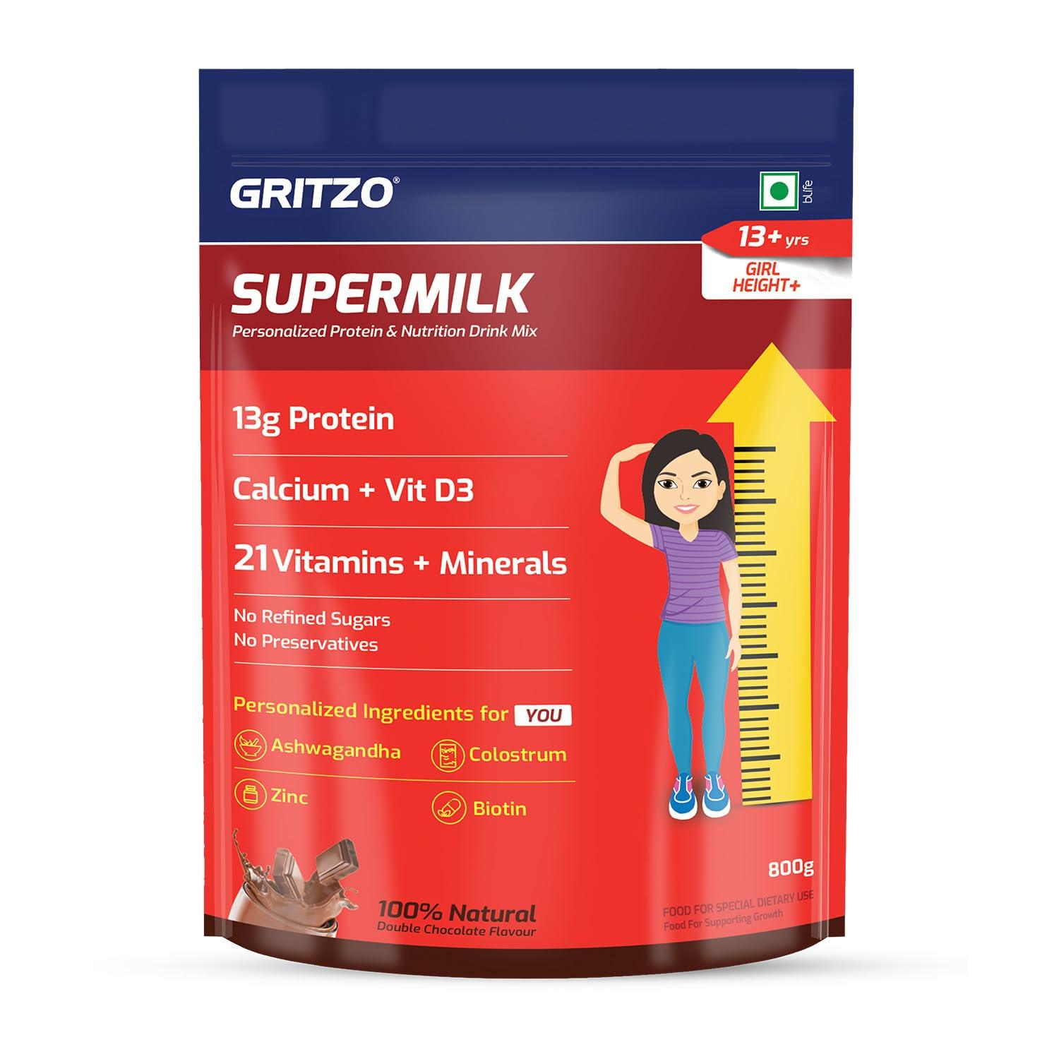 Gritzo Gritzo SuperMilk Height+ (13+y Girls), 13g Protein (Double Chocolate, 1kg) | Zero Refined Sugar, 21 Vitamins & Minerals
